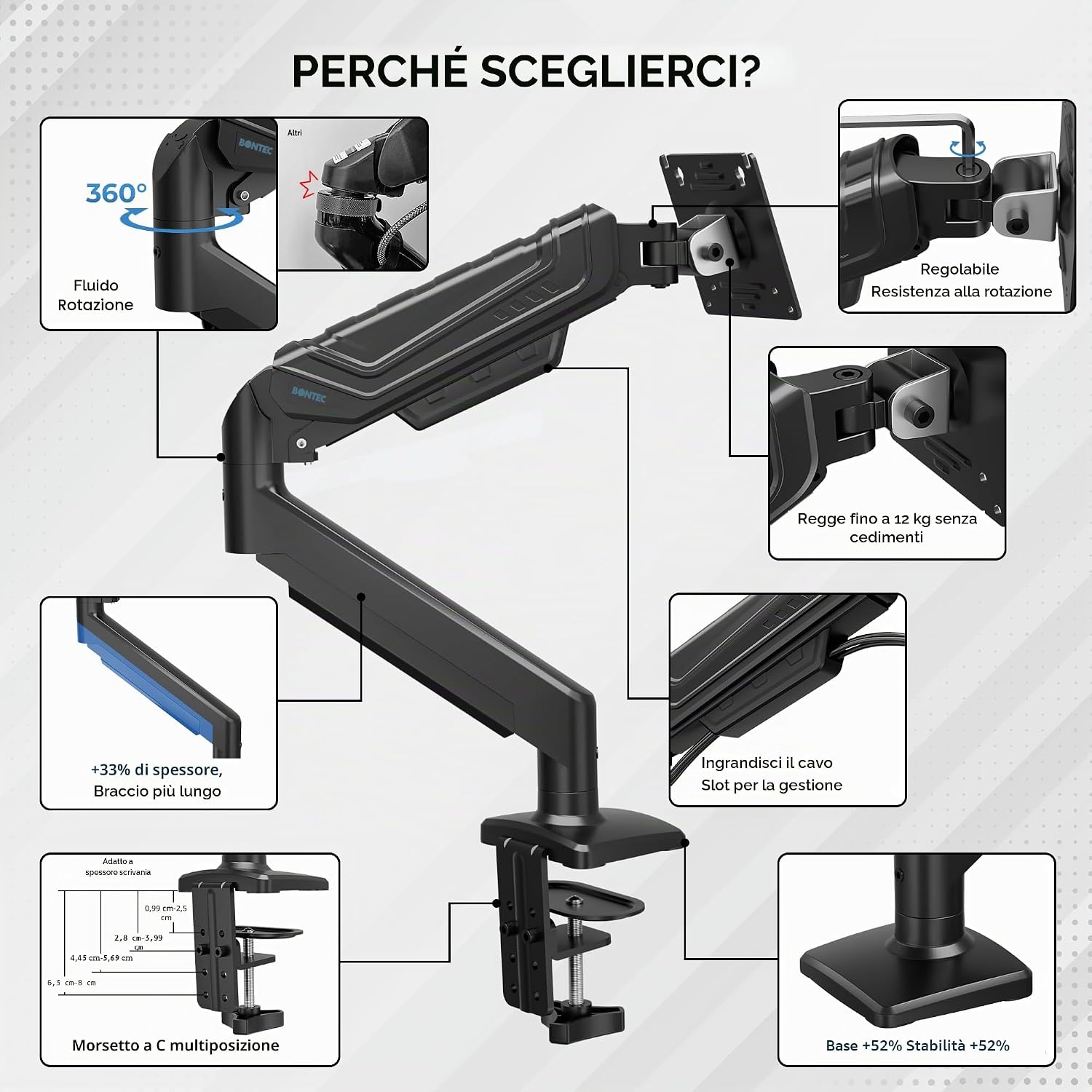 Thumbnail 6 de BONTEC Supporto Monitor da Scrivania 15–34": braccio a gas, gestione cavi e VESA 75x75/100x100