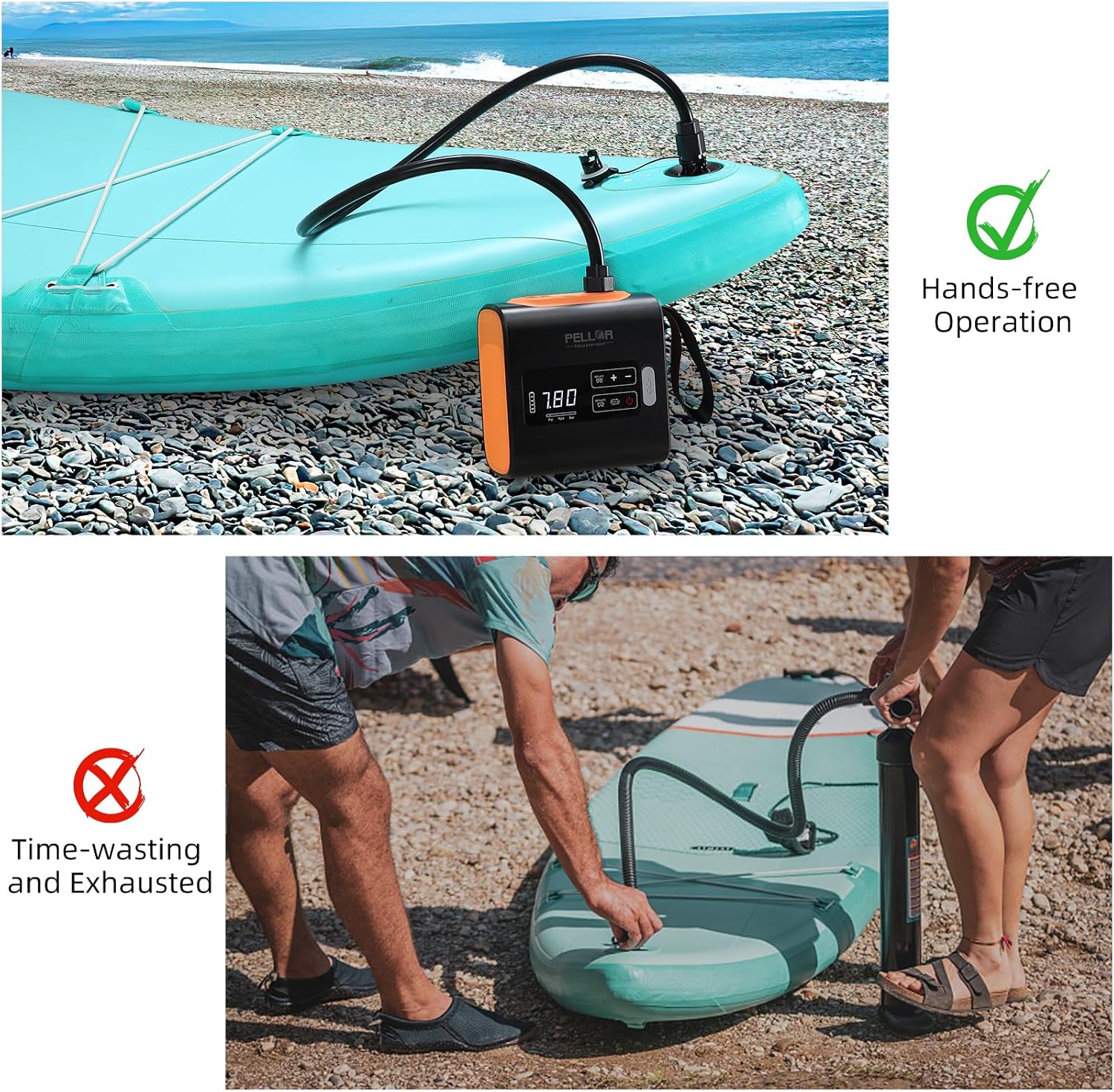 Detalle de PELLOR elektrisk SUP-pump med batteri, 22 PSI och automatisk avstängning