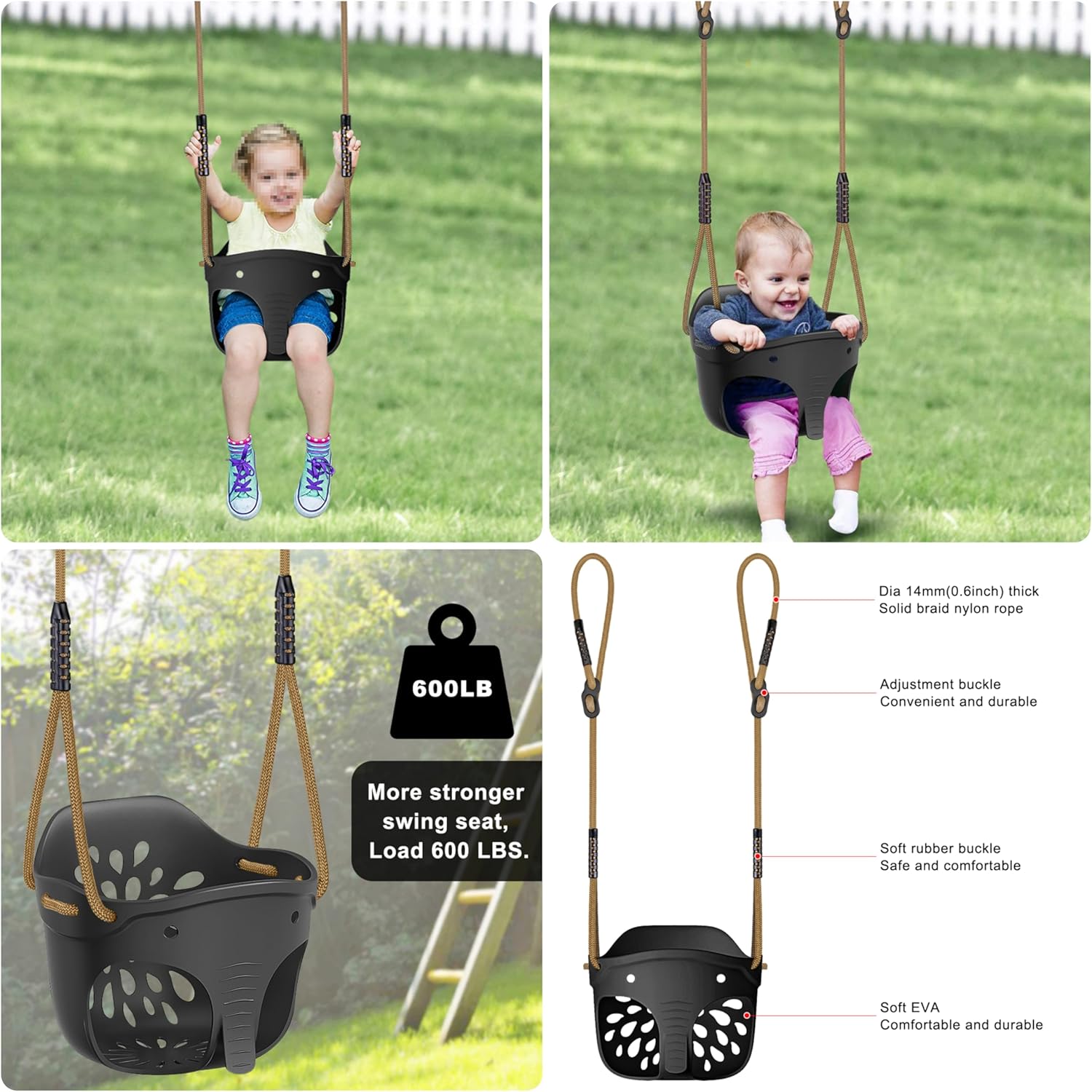 Detalle de SELEWARE Heavy-Duty High Back Full Bucket Toddler Swing Seat (Black) with locking carabiners