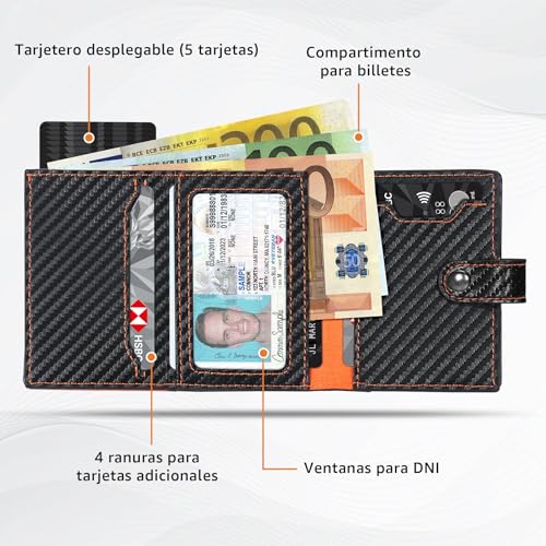Detalle de TENBST Carteras para Hombre | Tarjetero con Monedero y Bloqueo RFID en fibra de carbono naranja-negro