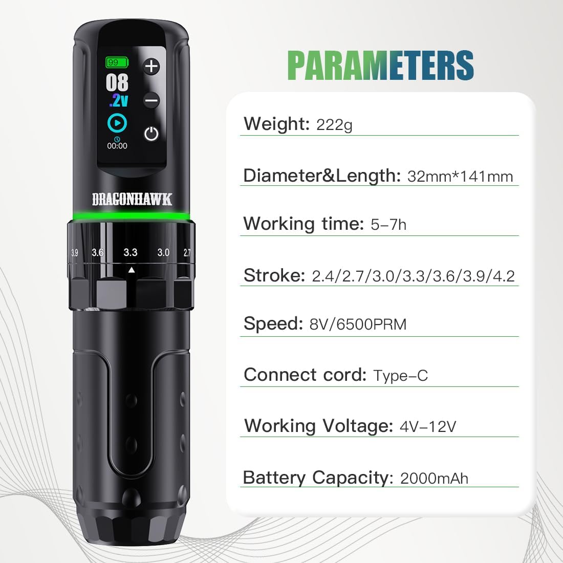 Thumbnail 2 de Dragonhawk L3 Kit: Stylo tatouage sans fil rotatif 7 longueurs, 2 batteries 2000 mAh et alimentation RCA