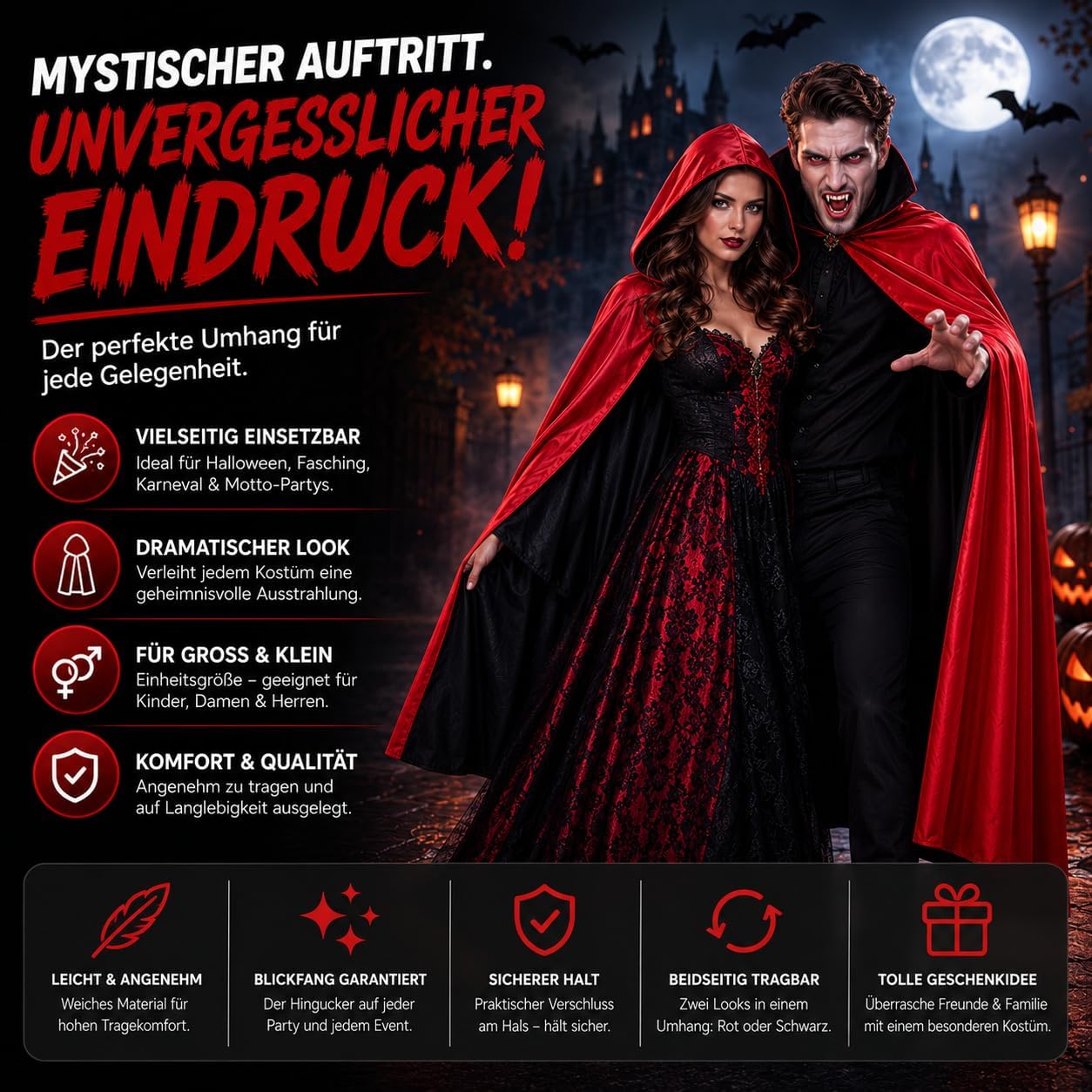 Detalle 2 de Vampyrdräkt med huva – lång mantel med knytband för Halloween och maskerad