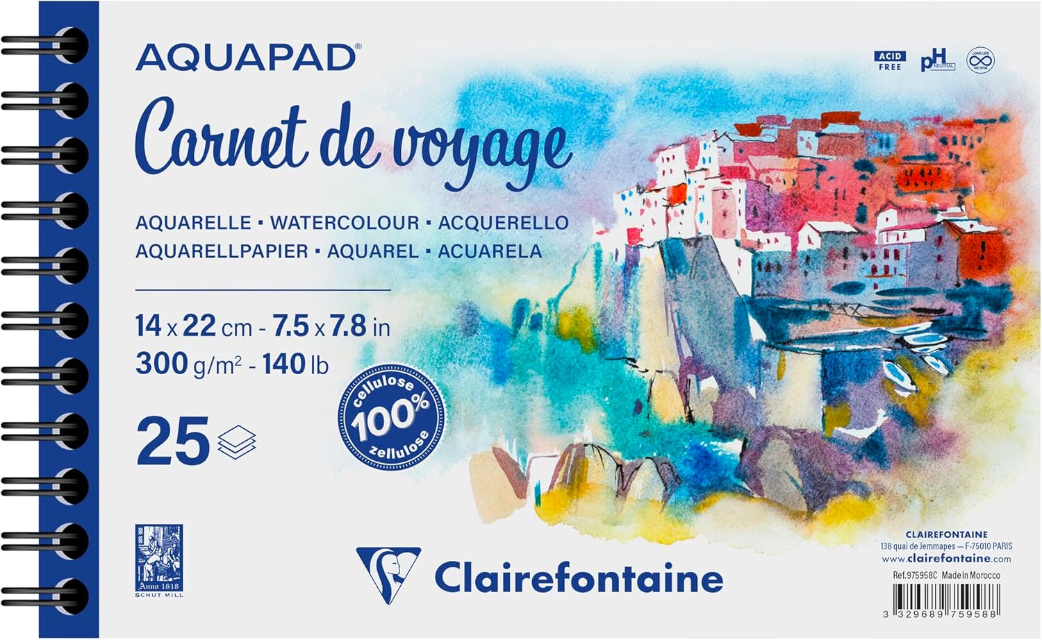 Detalle de Clairefontaine 975959C Carnet de Voyage Spiralé Aquapad 17x27 cm – 25 feuilles 300 g