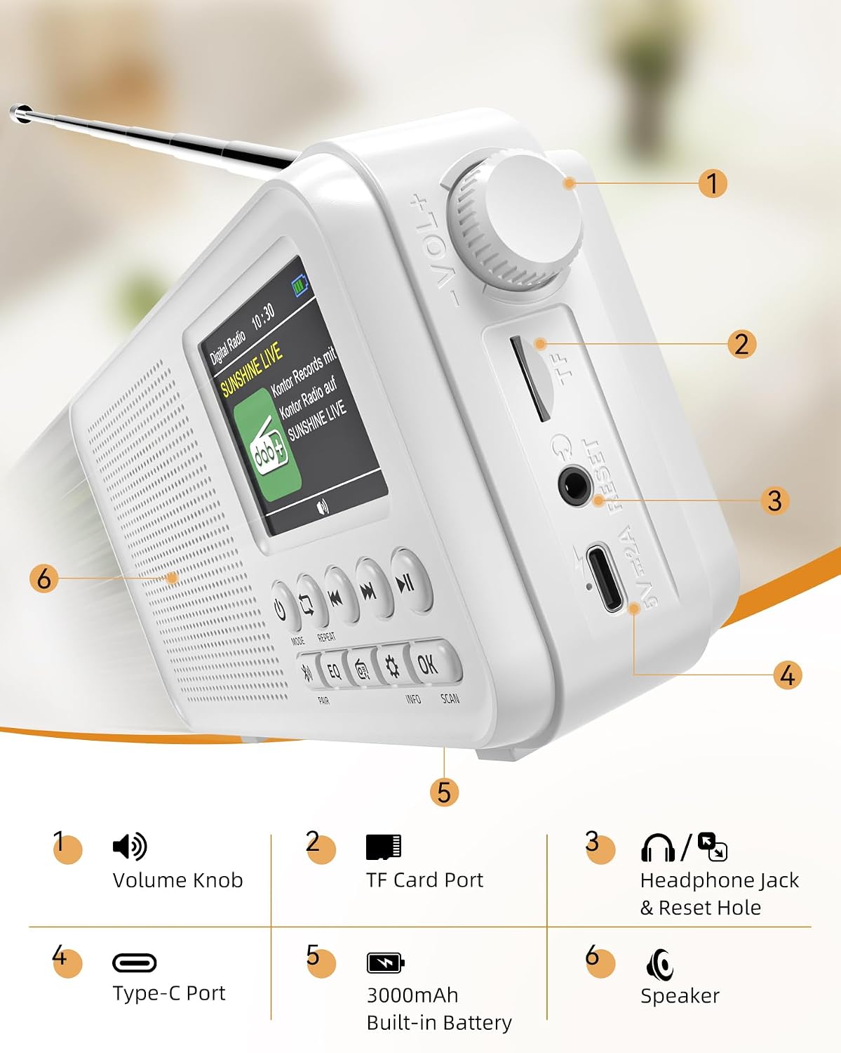 Detalle de Radio Portatile DAB/FM, Bluetooth, 3000 mAh, TF fino a 64 GB, Type-C, 8 W - doppia sveglia