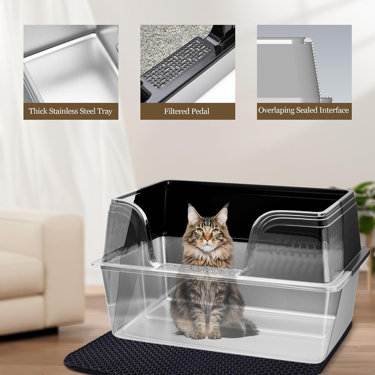 Detalle de Vealind XXL Stainless Steel Cat Litter Tray: High-Sided, Leak-Proof for Large Cats