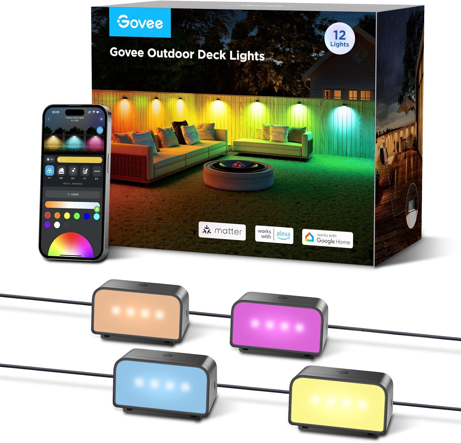 Detalle de Govee Outdoor Zaun Wandleuchte – RGBIC-Zaunleuchte mit Matter-/Alexa-Unterstützung, 4000K, 60 Szenen, Musikmodus, IP65, 12er-Pack