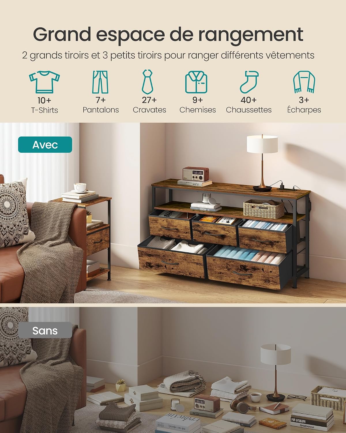 Thumbnail 5 de SONGMICS BELLAH LGS723KD01 commode met ledverlichting, 5 stoffen lades en stopcontacten