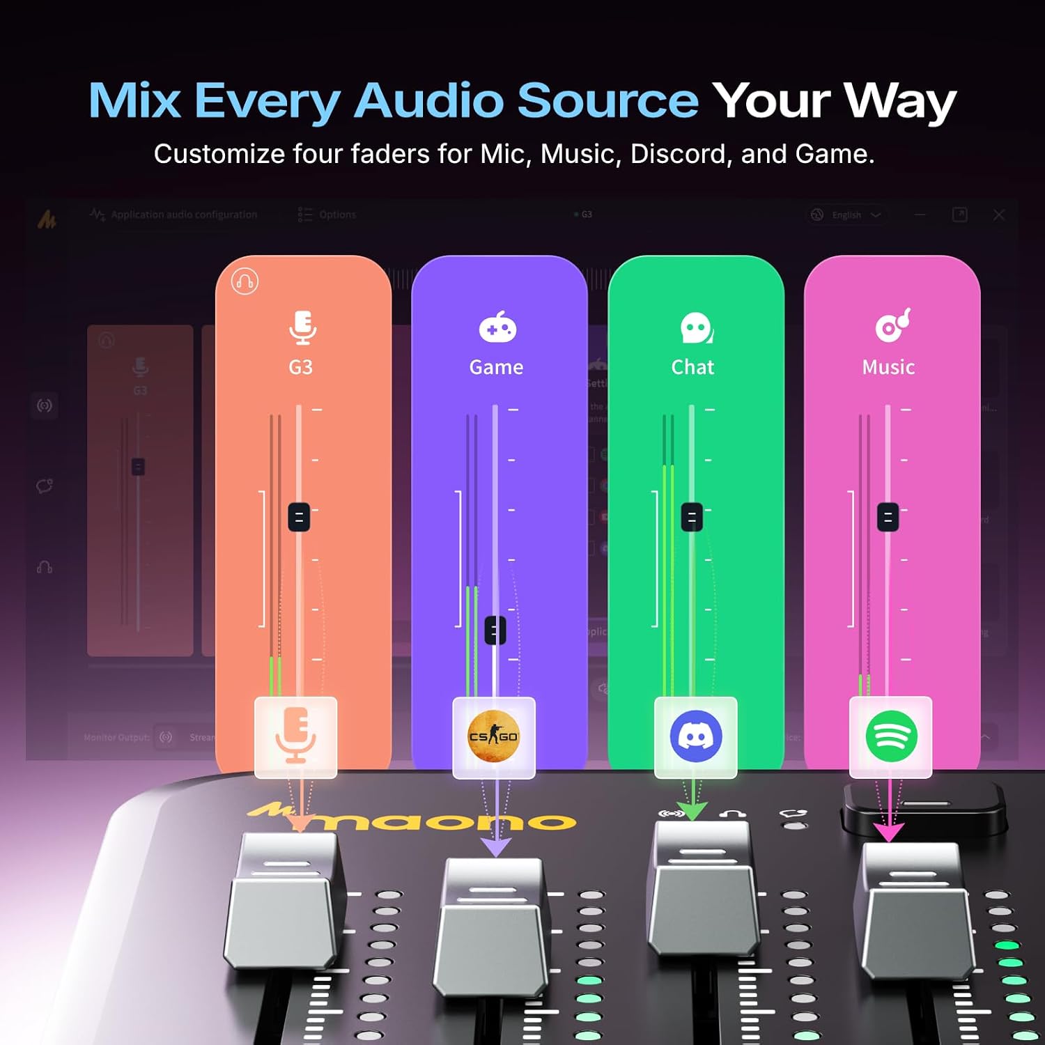 Detalle 2 de MAONO G3 Gaming Audio Mixer with 4 Faders, 3 Submixes and XLR Input