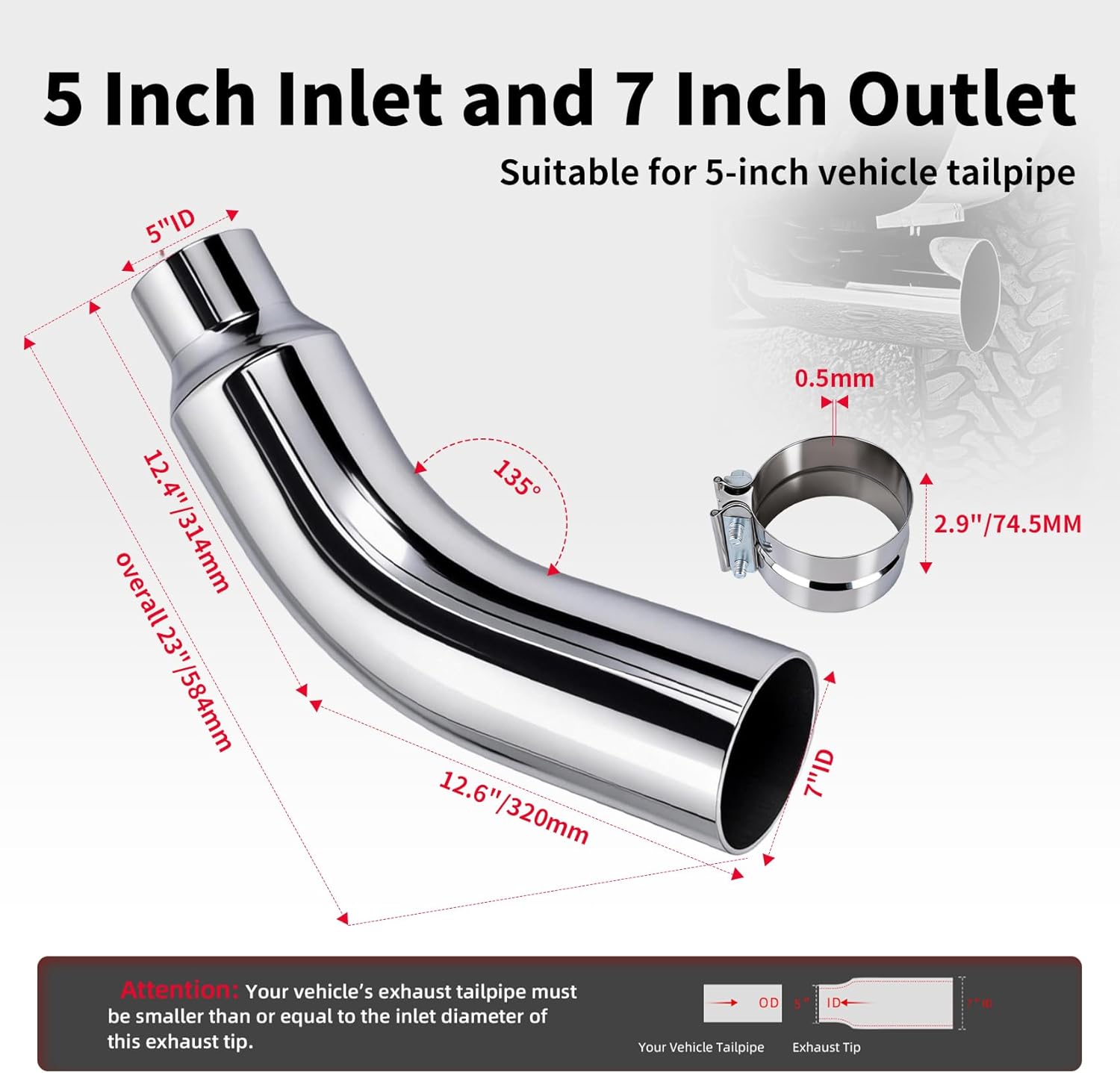 Thumbnail 4 de Universal Exhaust Tip Elbow Pipe (5 to 7 Inch) with Clamp, Chrome 135-Degree Fit for Car, Truck & Diesel