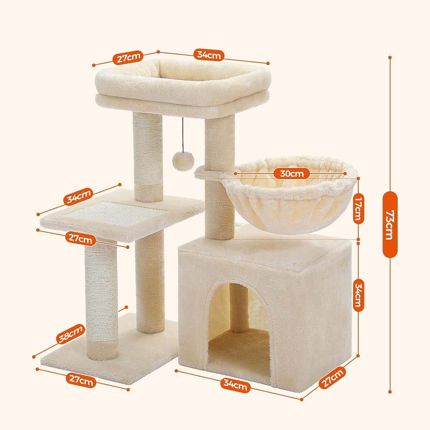 Detalle 2 de PAWZ Road Small Cat Tree (73cm) with Big Hammock, Removable Top Perch & Scratching Posts – Beige