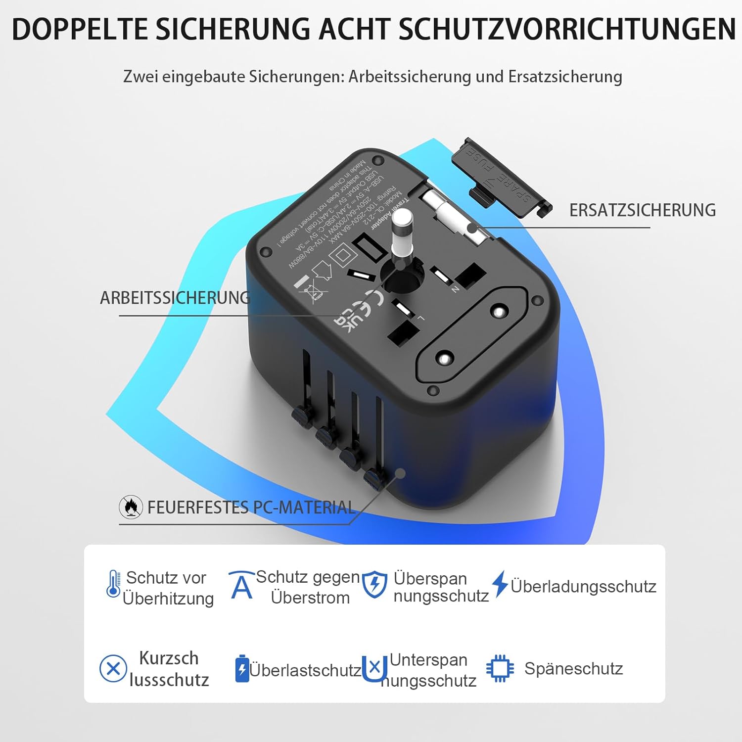 Thumbnail 6 de VYLEE Reiseadapter Weltweit – 5-in-1 Universalstecker mit 2 USB-A und 2 USB-C