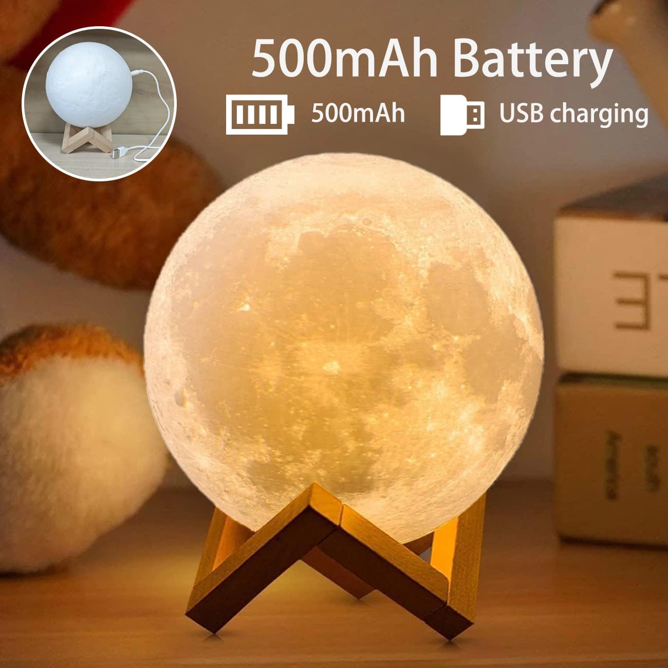 Detalle 2 de CPLA 3D-Printed Moon Lamp, 18 cm LED Night Light with Remote and Touch Control