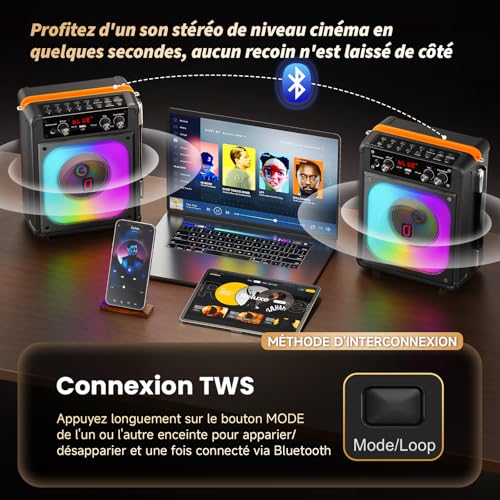 Detalle de HWWR Enceinte Karaoke 2 Micro sans Fil 60W – Système tout-en-un avec LEDs, TWS et autonomie longue