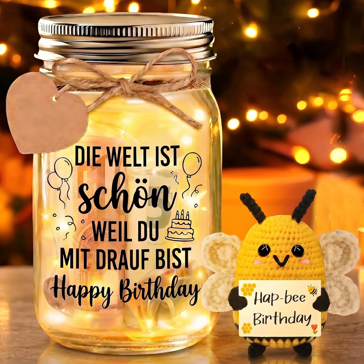 Johiux Geburtstag Geschenkset – Happy Birthday LED-Flaschenlicht mit Biene und Karte