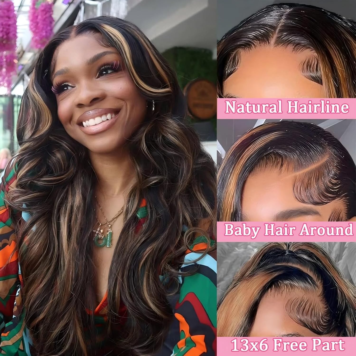 Detalle de QZOQZO Ombre Lace Front Wig Human Hair 1B/30 — 26 Inch Body Wave, 13x6 HD Lace, 180% Density