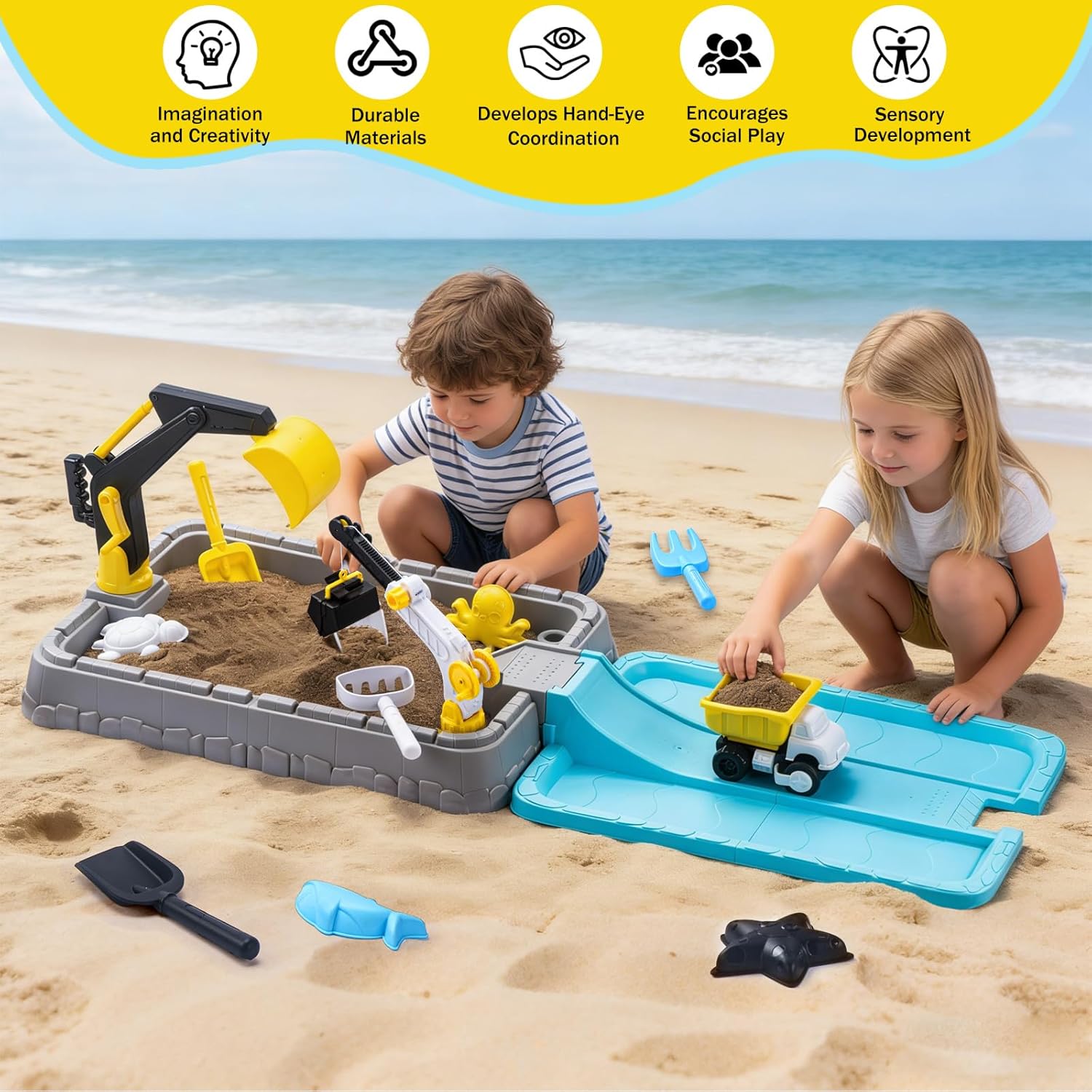 Thumbnail 1 de Kids Excavator Sandbox with Cover – All-in-One Construction Play Set for Outdoor Fun