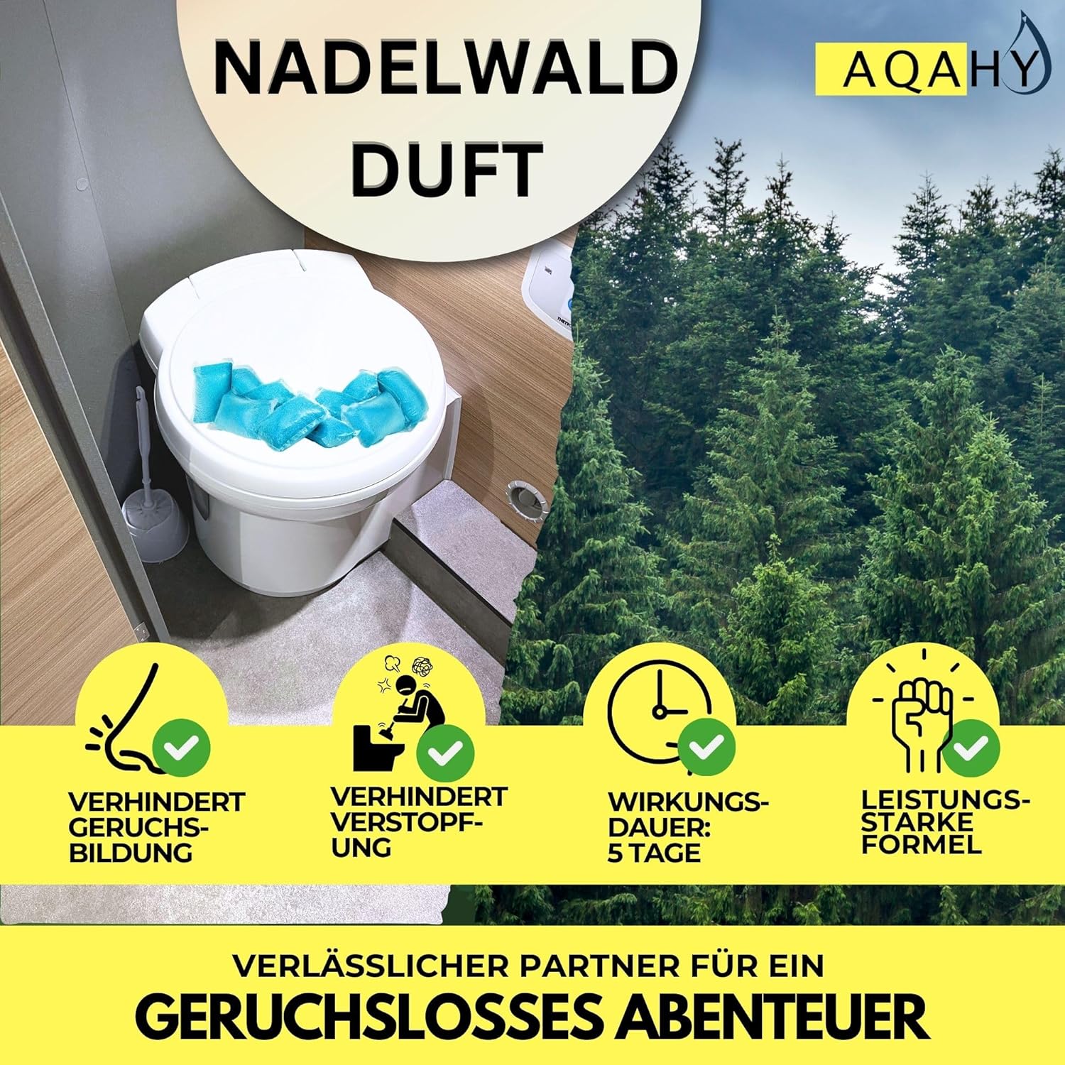 Thumbnail 6 de AQAHY Camping-Toiletten-Zusatz Tabs „blue extra stark“ (Nadelwald WC Drops) – geruchsbindend für die Chemietoilette