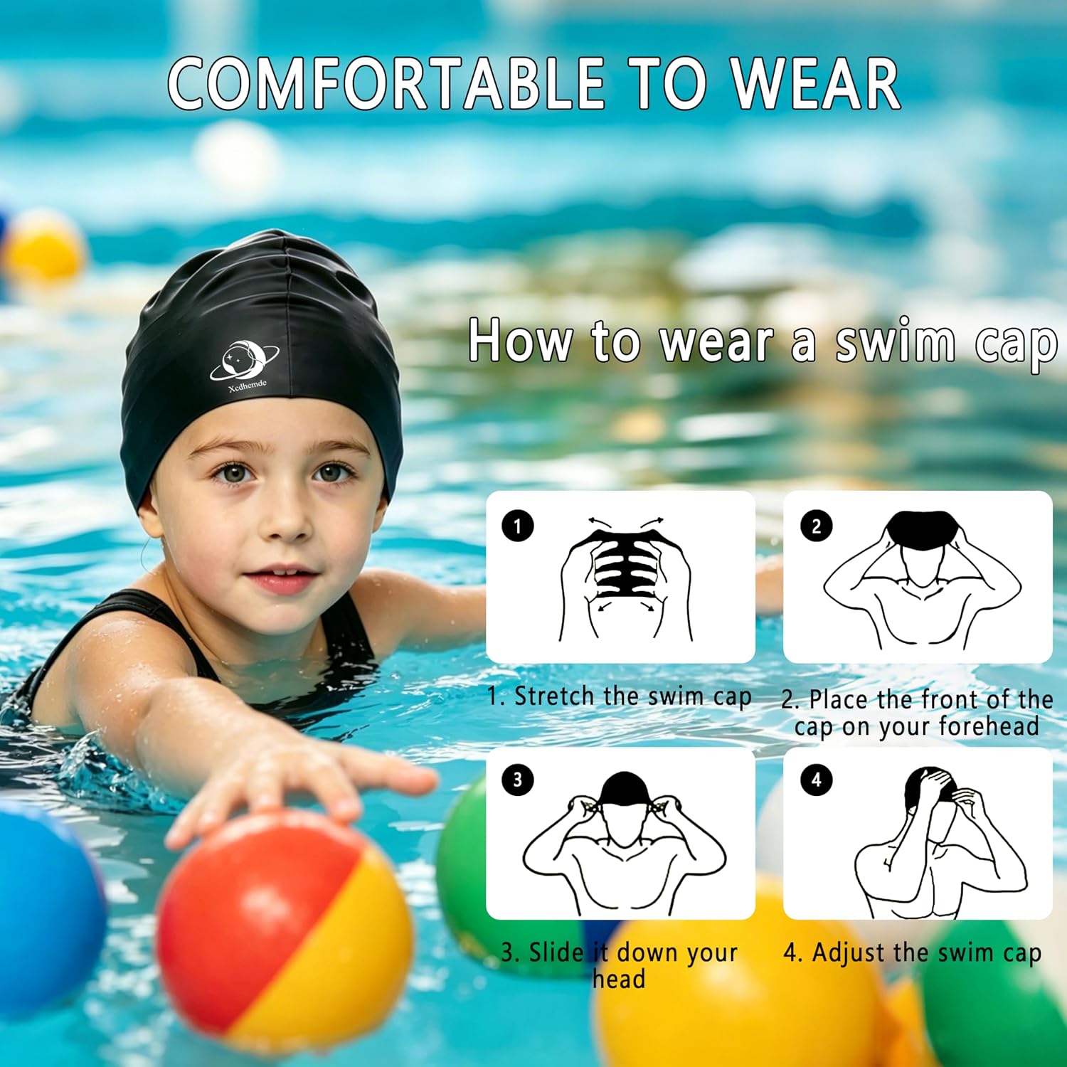 Thumbnail 4 de Xcdhemde® siliconen badmuts voor kinderen, zwart en elastisch