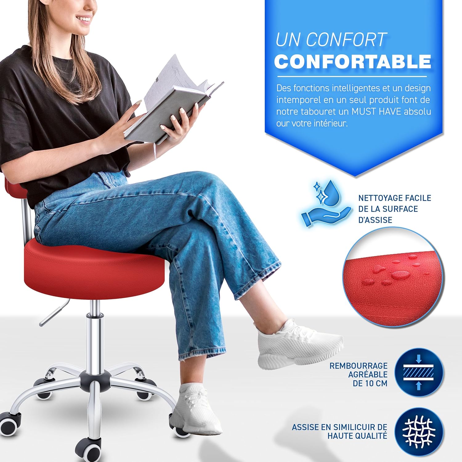 Thumbnail 3 de TRESKO tabouret de travail avec dossier ergonomique et piètement chromé (hauteur 47 à 60 cm)