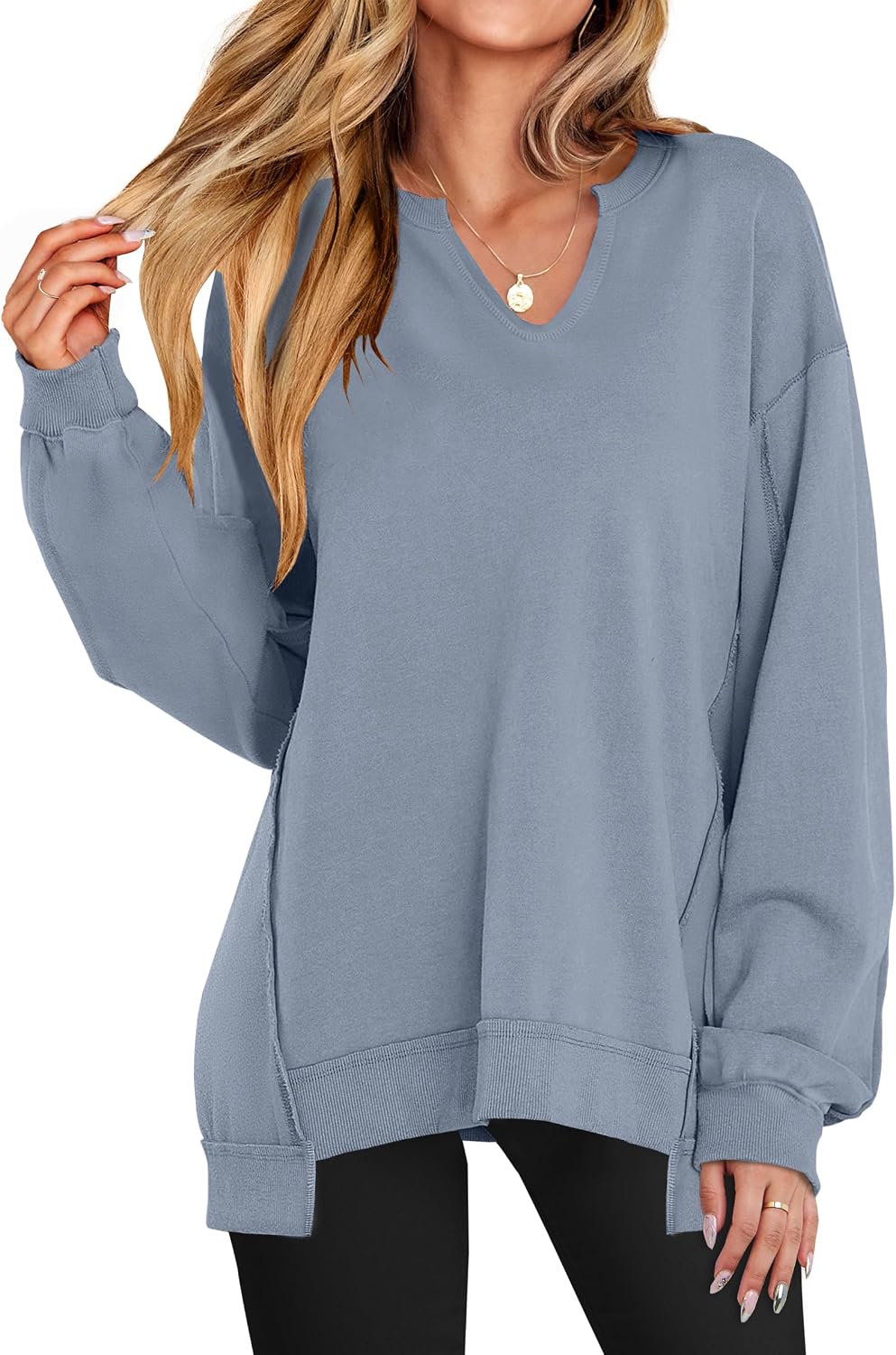 Detalle de ANRABESS Women's Oversized V-Neck Sweatshirt with Patchwork and Longer Hem
