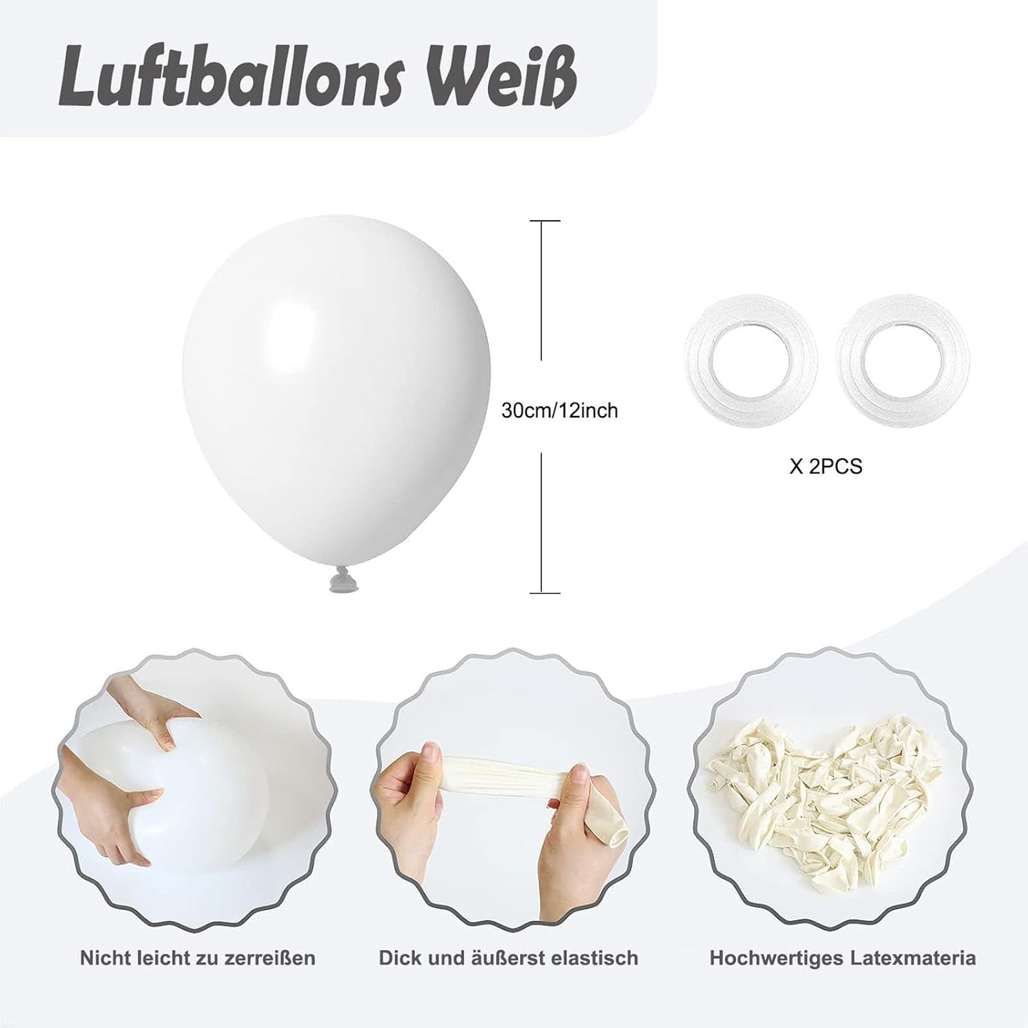 Thumbnail 1 de Luftballons Weiss, 100 Stück 30 cm – Latex Ballons inkl. 2 Rollen Band
