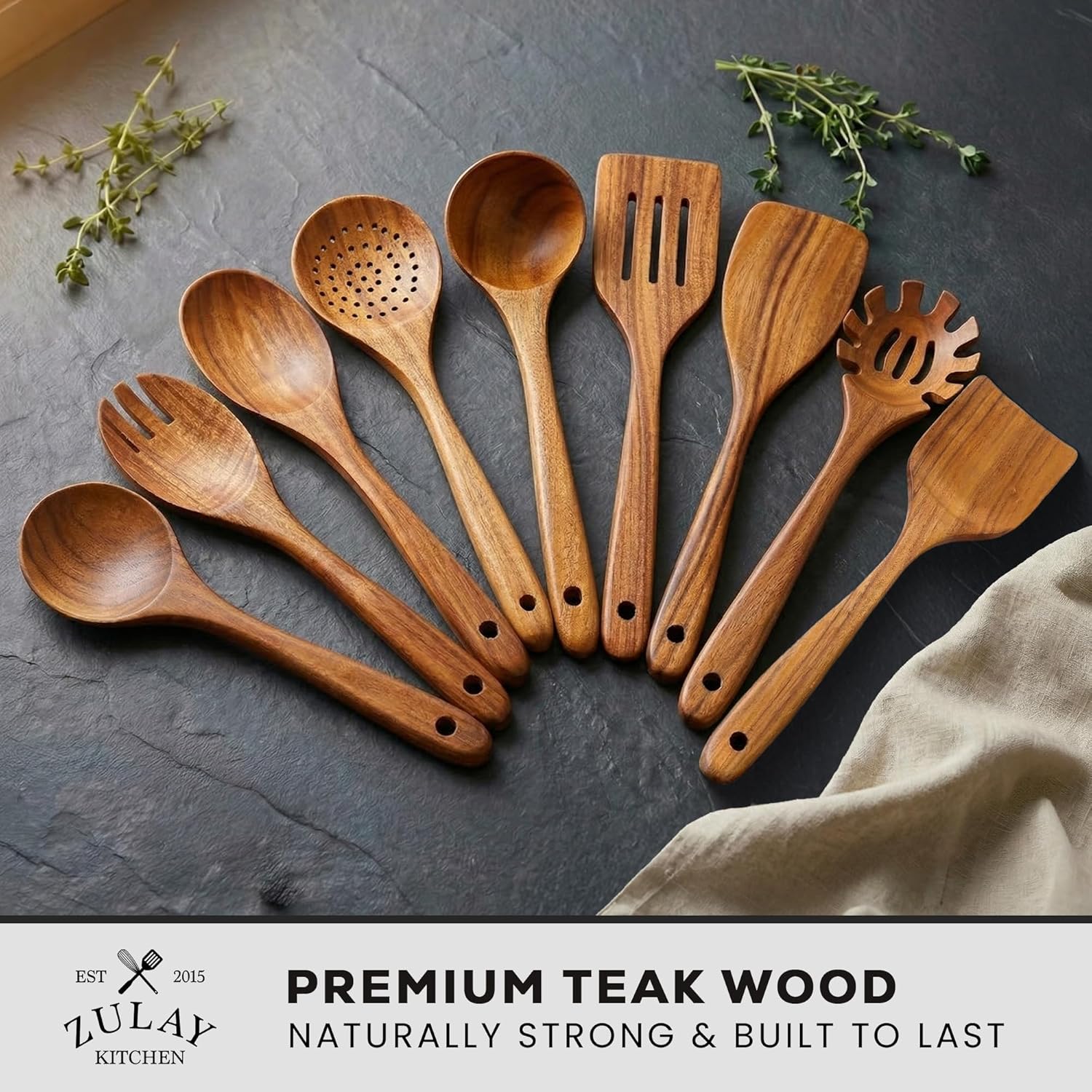 Thumbnail 1 de Zulay Kitchen 9-Piece Teak Wood Cooking Utensil Set (Non-Scratch, Non-Toxic) with Comfortable Grip