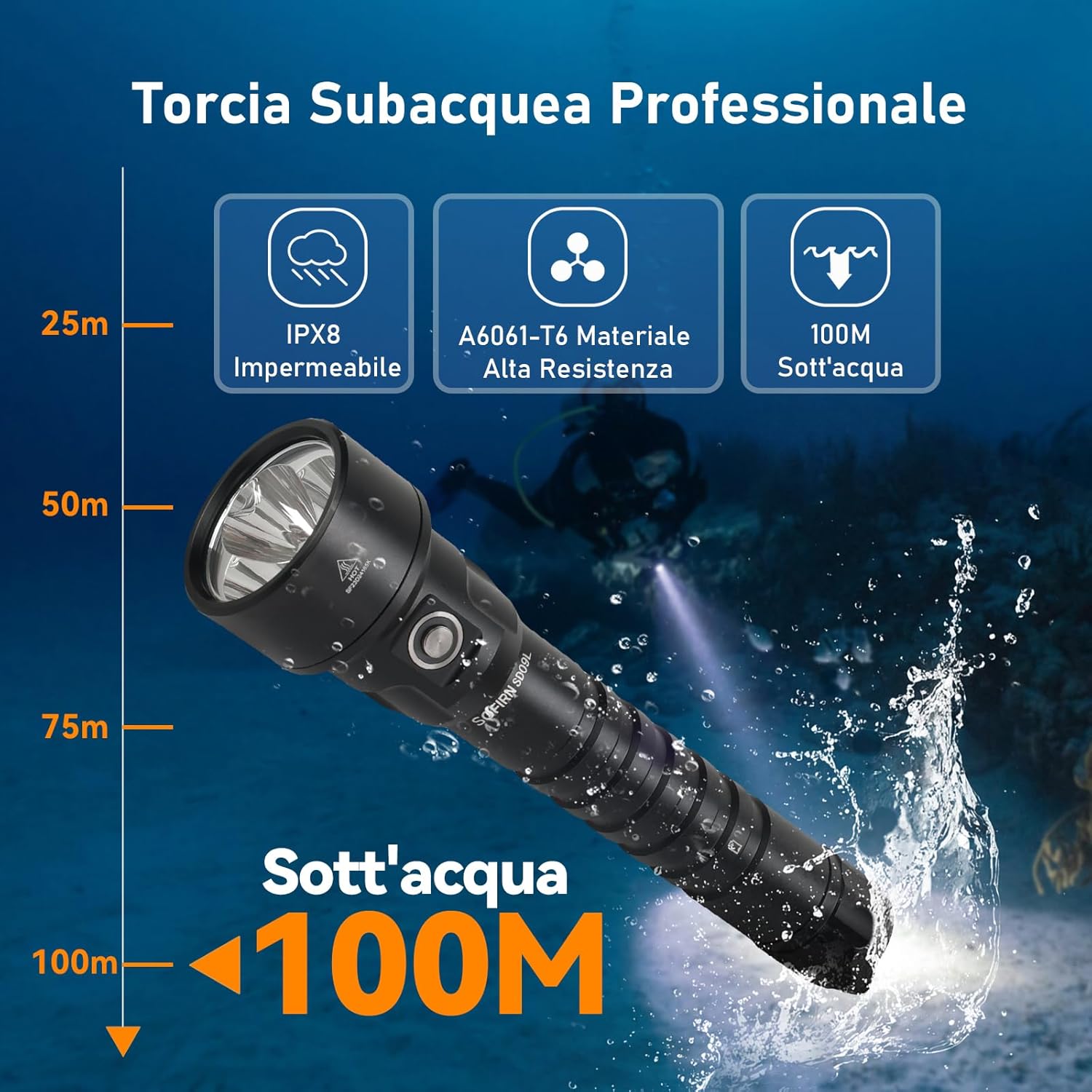 Detalle de Sofirn SD09L: torcia LED da immersione da 6800 lumen, design robusto e prestazioni impressionanti