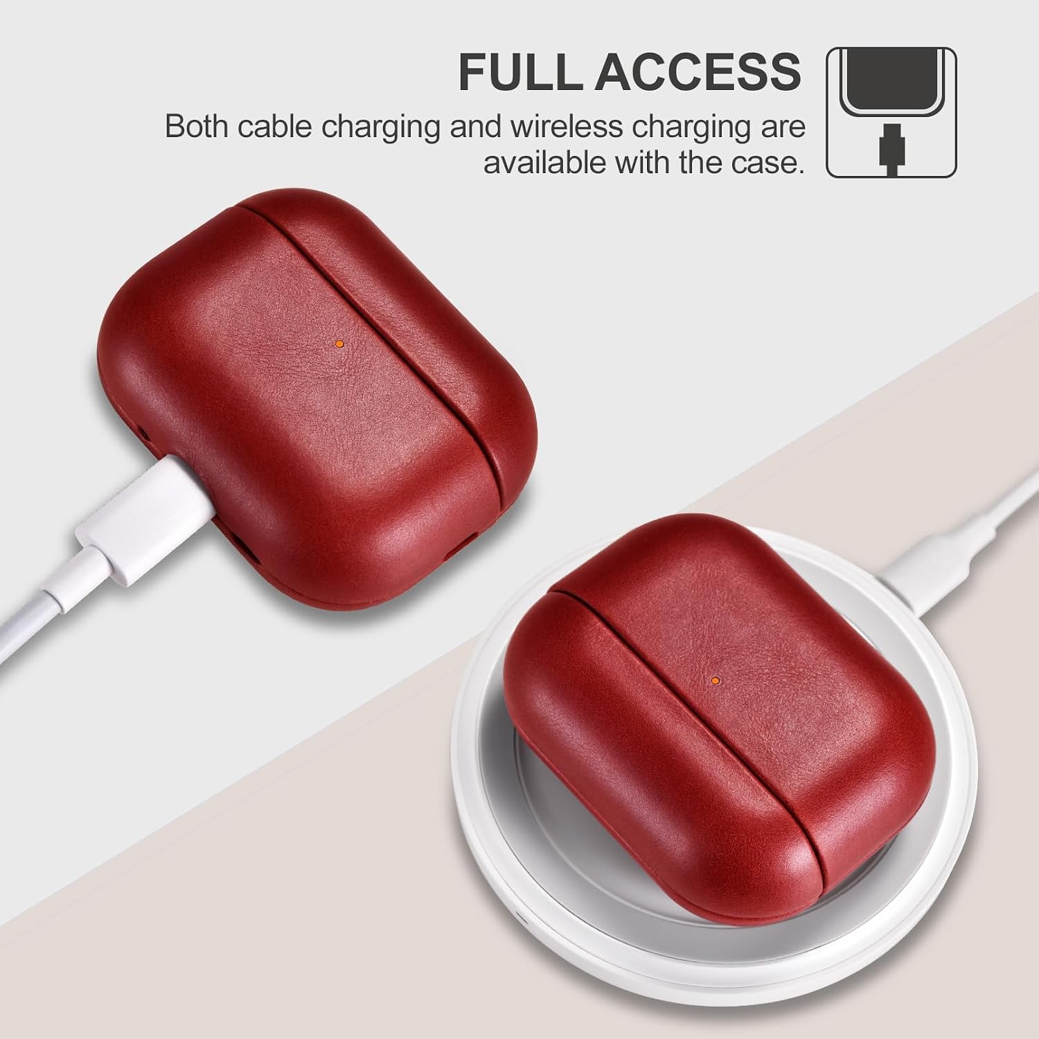 Thumbnail 4 de ICARER-hoesje van echt leer voor AirPods Pro 3 2025, rood met zichtbare led