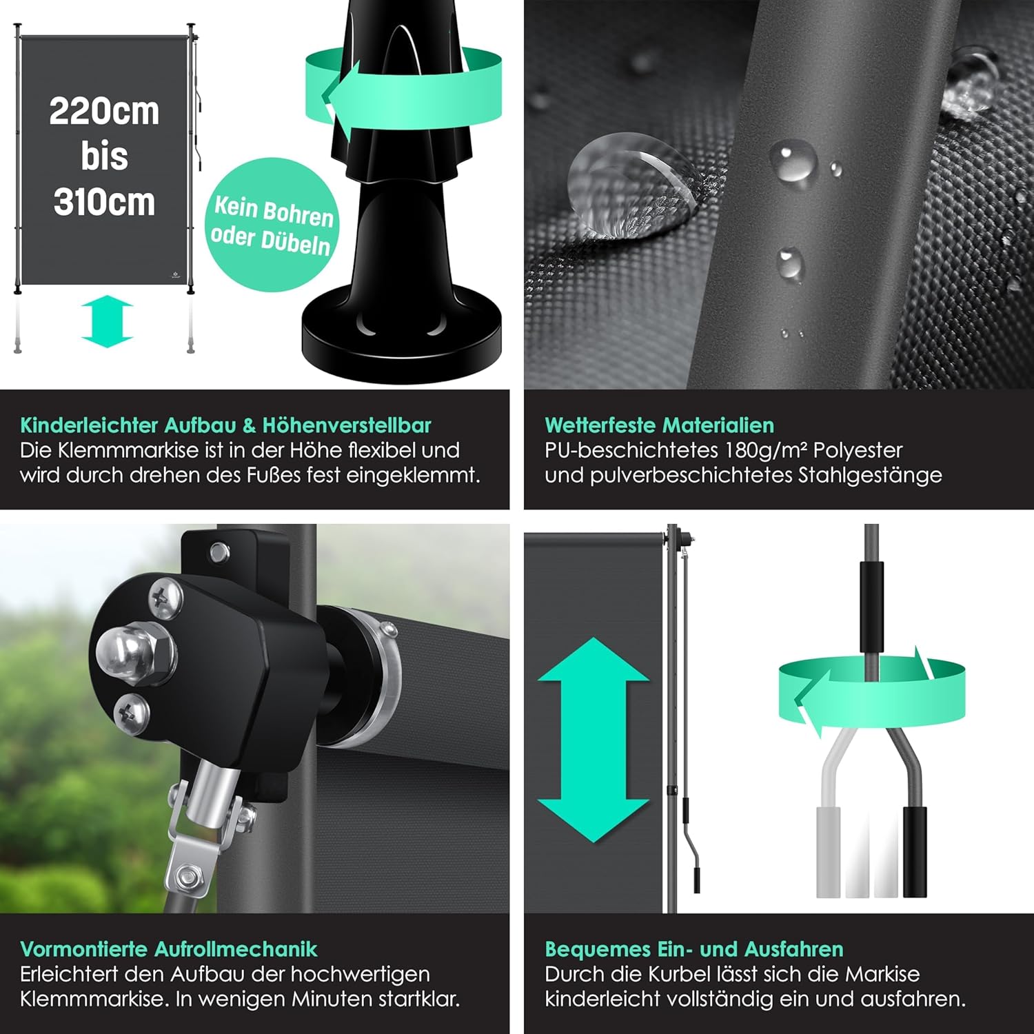 Thumbnail 5 de KESSER Klemmmarkise 200×310 cm: senkrechte Vertikalmarkise als Sicht- und Wetterschutz für Balkon & Garten