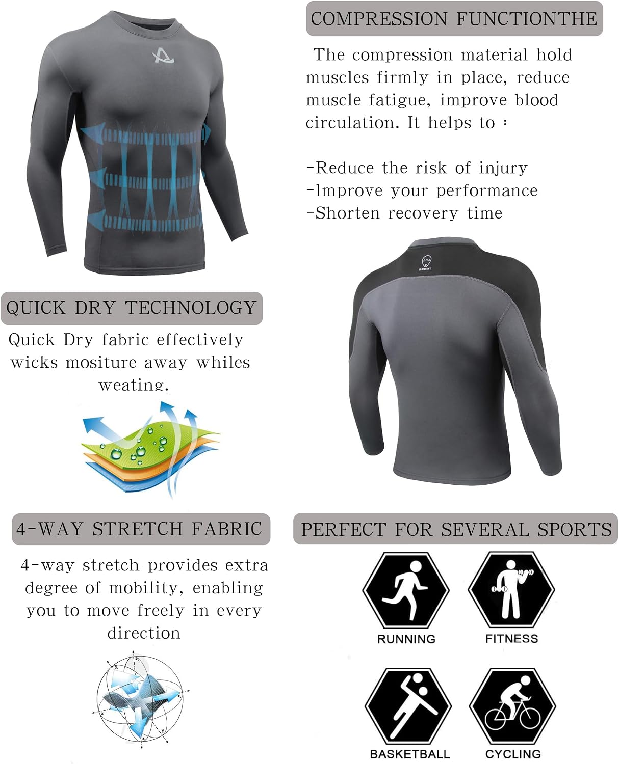 Detalle 2 de AMZSPORT Camicia a compressione da uomo maniche lunghe