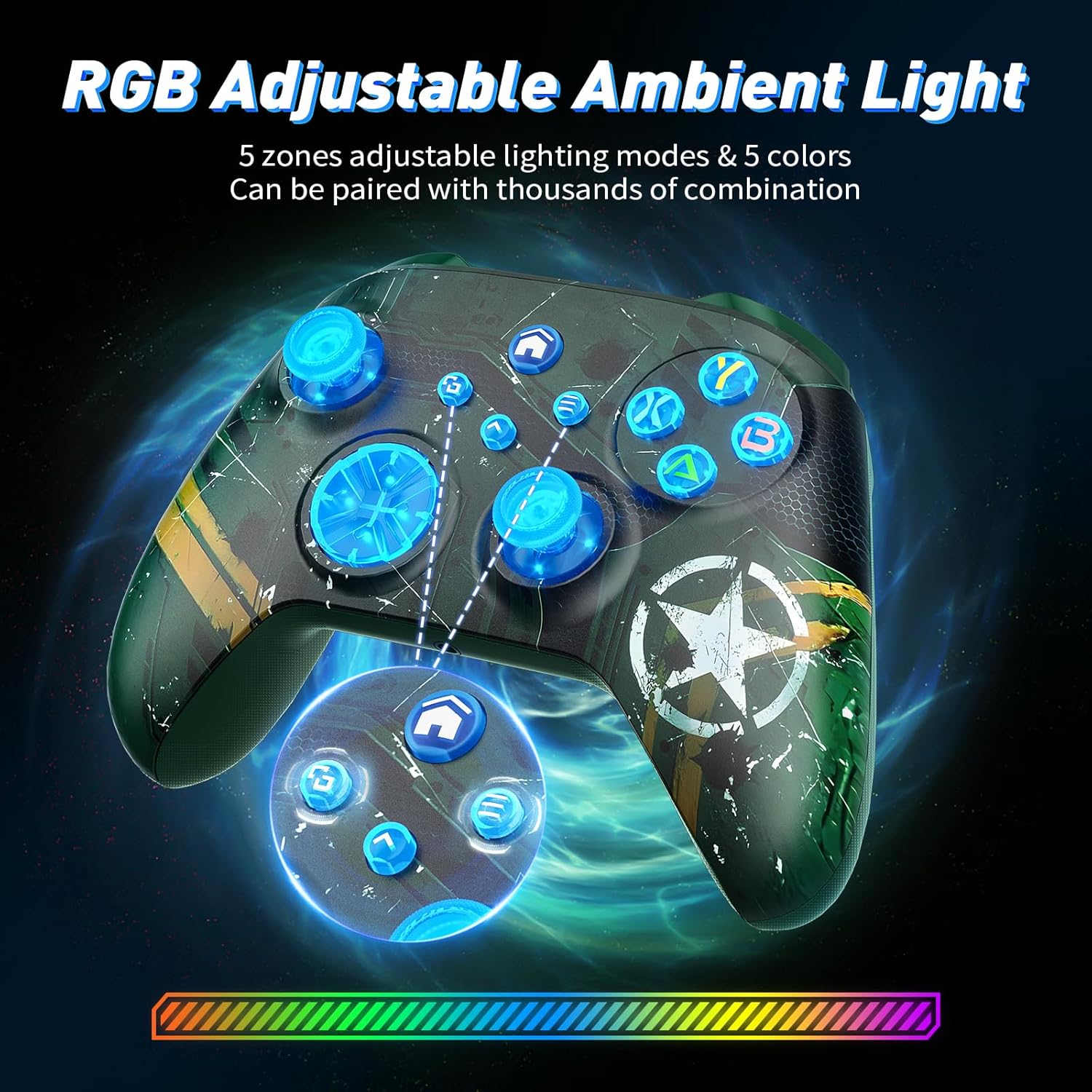 Detalle 2 de Dinosoo RGB Wireless Controller for Xbox Series X|S, One & PC – Turbo, Macro, 4 Vibration Motors, 3.5mm Jack