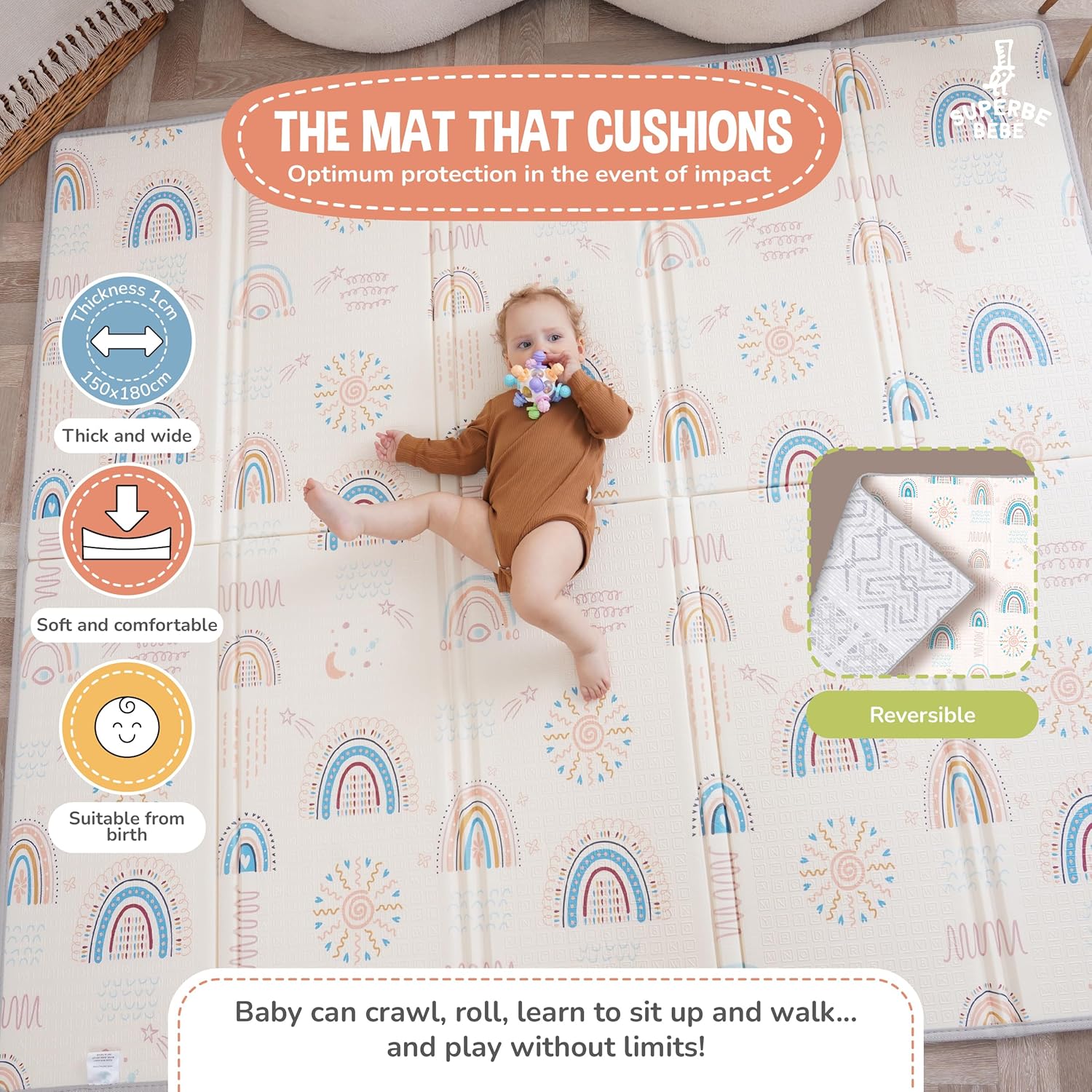Thumbnail 1 de Tapis d'éveil bébé SUPERBE BEBE - Pliable épais réversible 150x180x1 cm