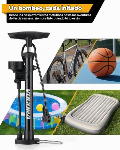 Detalle 2 de VOGORA bomba de bicicleta plegable con manómetro y válvulas Presta y Schrader