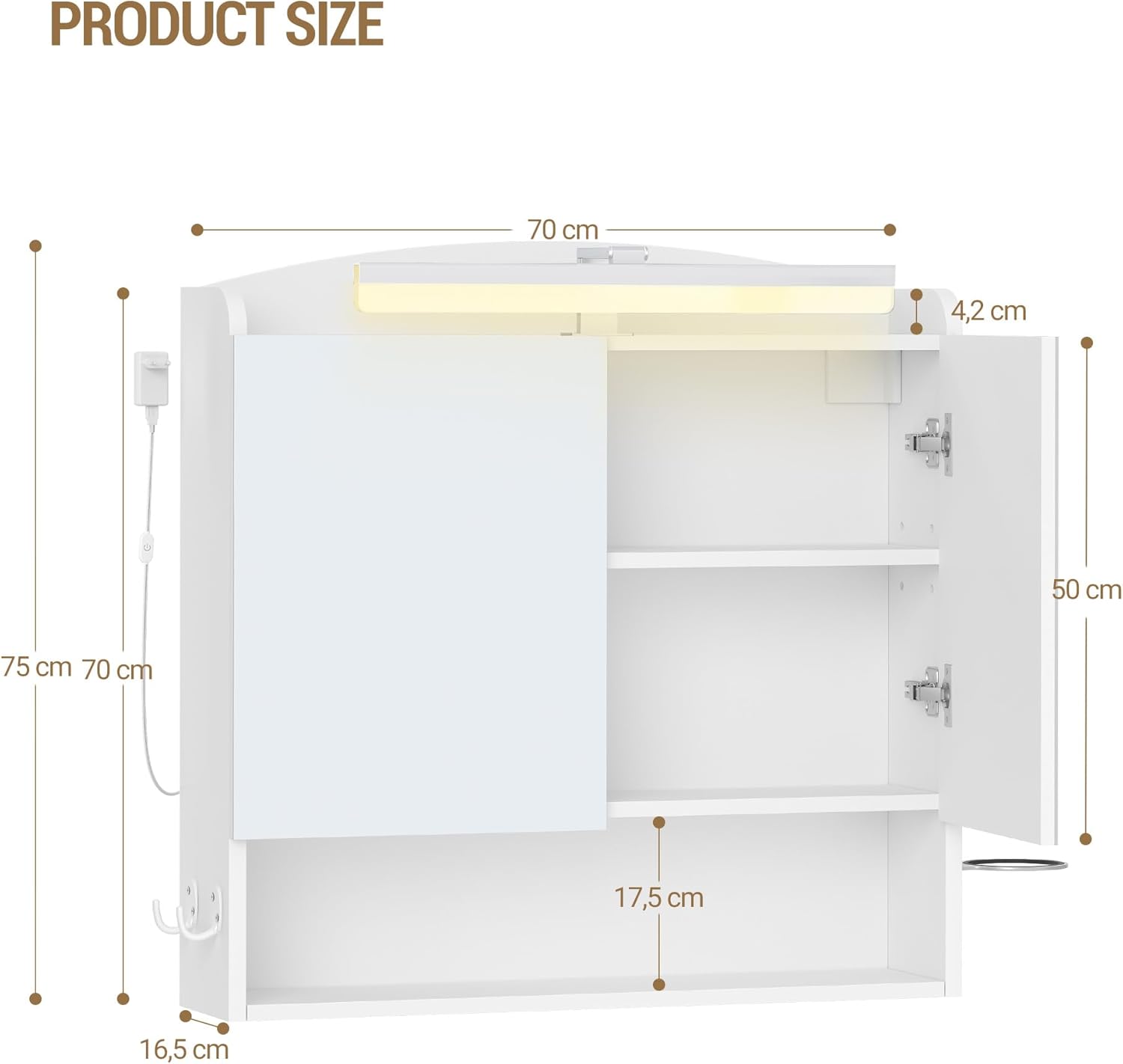 Thumbnail 2 de Hzuaneri Armoire Murale Salle de Bain avec Miroir et LED, Prise et Interrupteur – 16,5 x 70 x 75 cm MC10103XEU