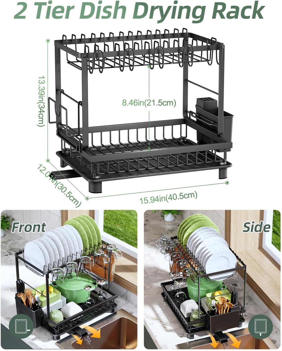 Detalle de Nfnoyp 2-Tier Dish Drying Rack with Rustproof Carbon Steel — Space-Saving Kitchen Drainer