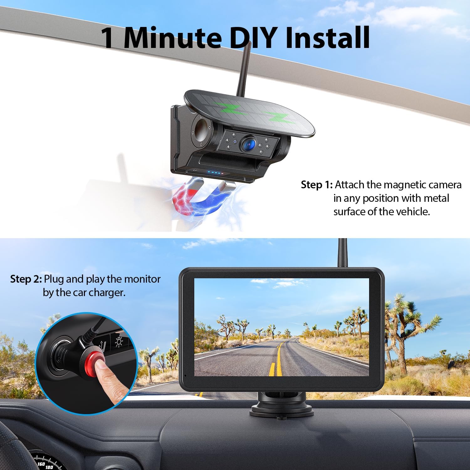 Detalle 2 de 2 Magnetic Solar Wireless Reversing Camera Kit with 7" Touchscreen Monitor & DVR (1080P, BSD, IR, IP69K)
