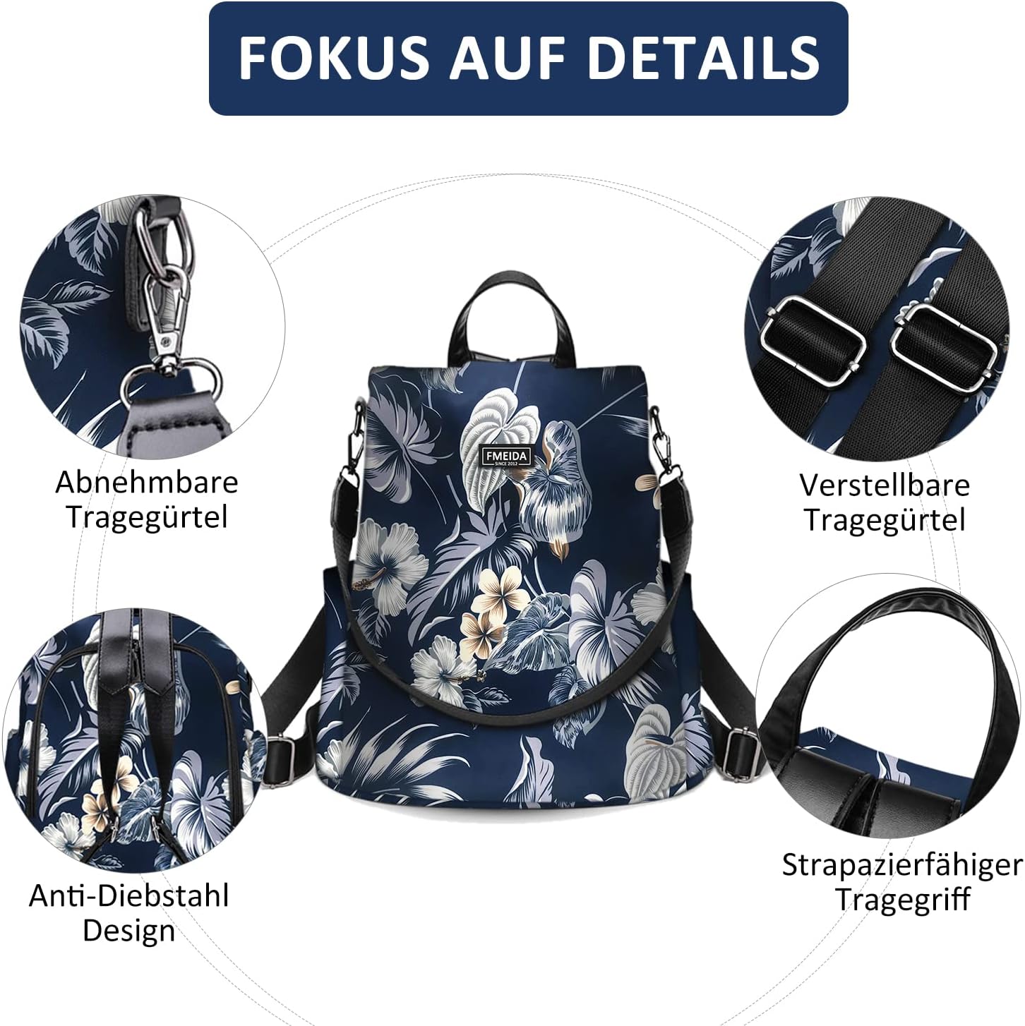 Detalle 2 de Fmeida Rucksack Damen Anti-Diebstahl Nylon 2 in 1 | Wasserdicht, leicht und vielseitig