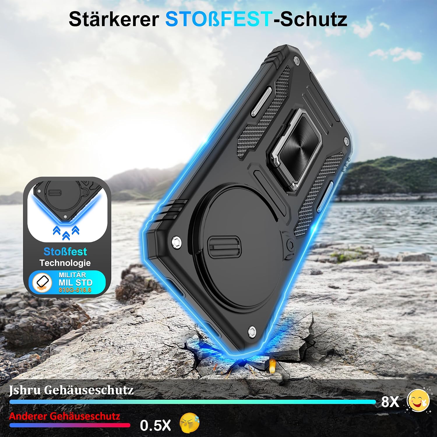 Detalle 2 de Jshru Hülle für Xiaomi Redmi Note 15 Pro 5G – Stoßfeste Schutzhülle mit 360° Metallhalterung und Kameraschutz (Schwarz)