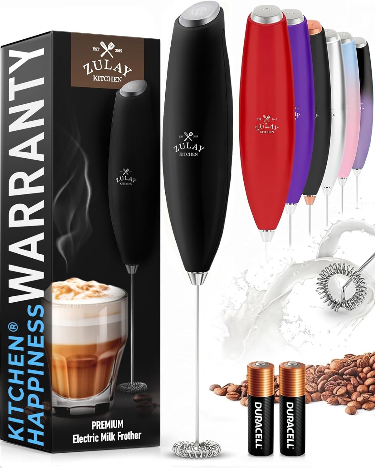 Detalle de Zulay Kitchen Milk Frother Handheld Electric Whisk (Black) – Compact, Durable Frother Wand for Lattes, Matcha, Protein Shakes