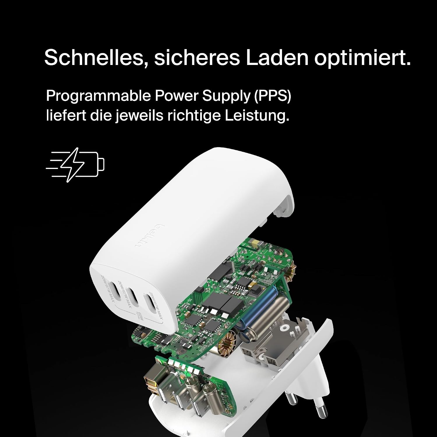 Detalle de Belkin BoostCharge USB-C-Ladegerät mit drei Anschlüssen und PPS (67 W) – kompakt, flexibel, sicher