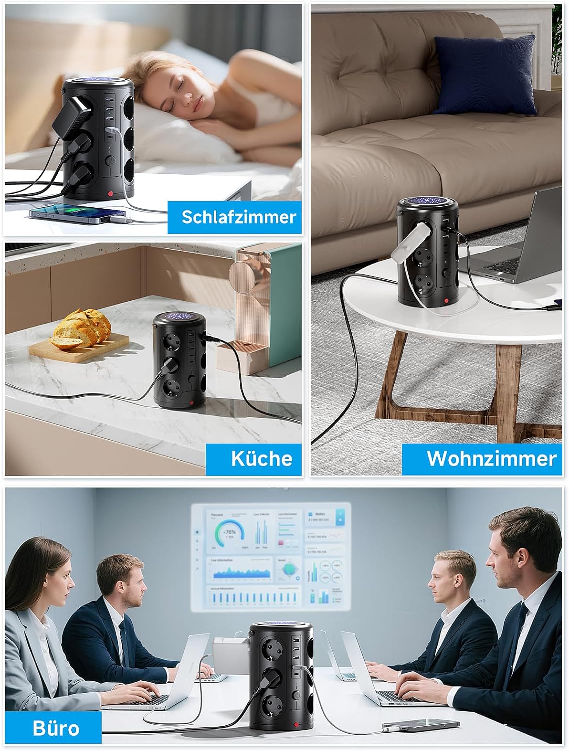 Thumbnail 6 de Pluackg Mehrfachsteckdose mit 5 USB, 12-fach Steckdosenleiste, Überspannungsschutz 1600 J, 2 m Verlängerungskabel – Schwarz