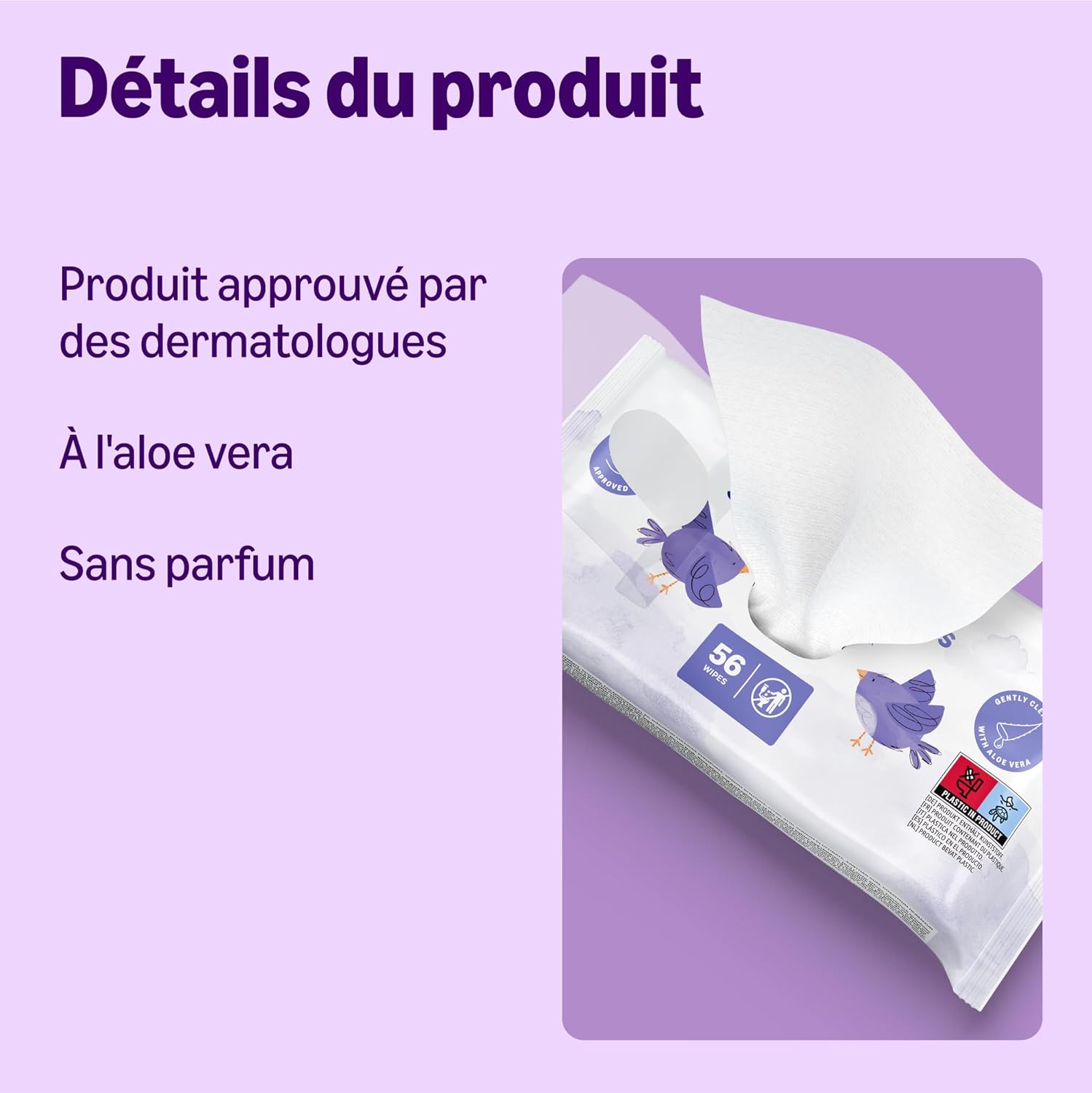Detalle de Lingettes bébé sensibles sans parfum – 1008 lingettes, 18 paquets de 56