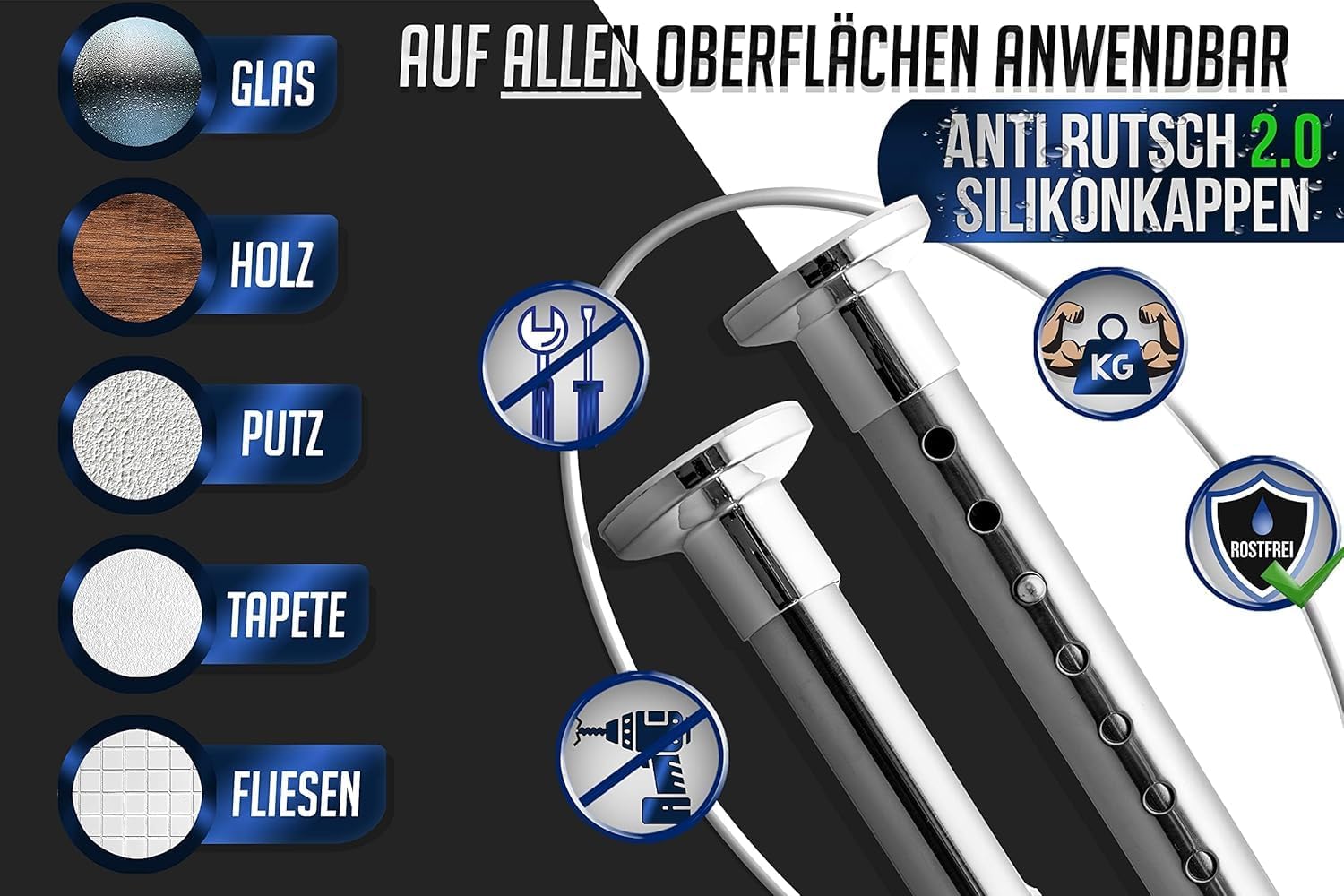 Thumbnail 2 de MEISENBERG Edelstahl Gardinenstange ohne Bohren 360–410 cm (Ø 32 mm) zum Einklemmen – ausziehbar und flexibel