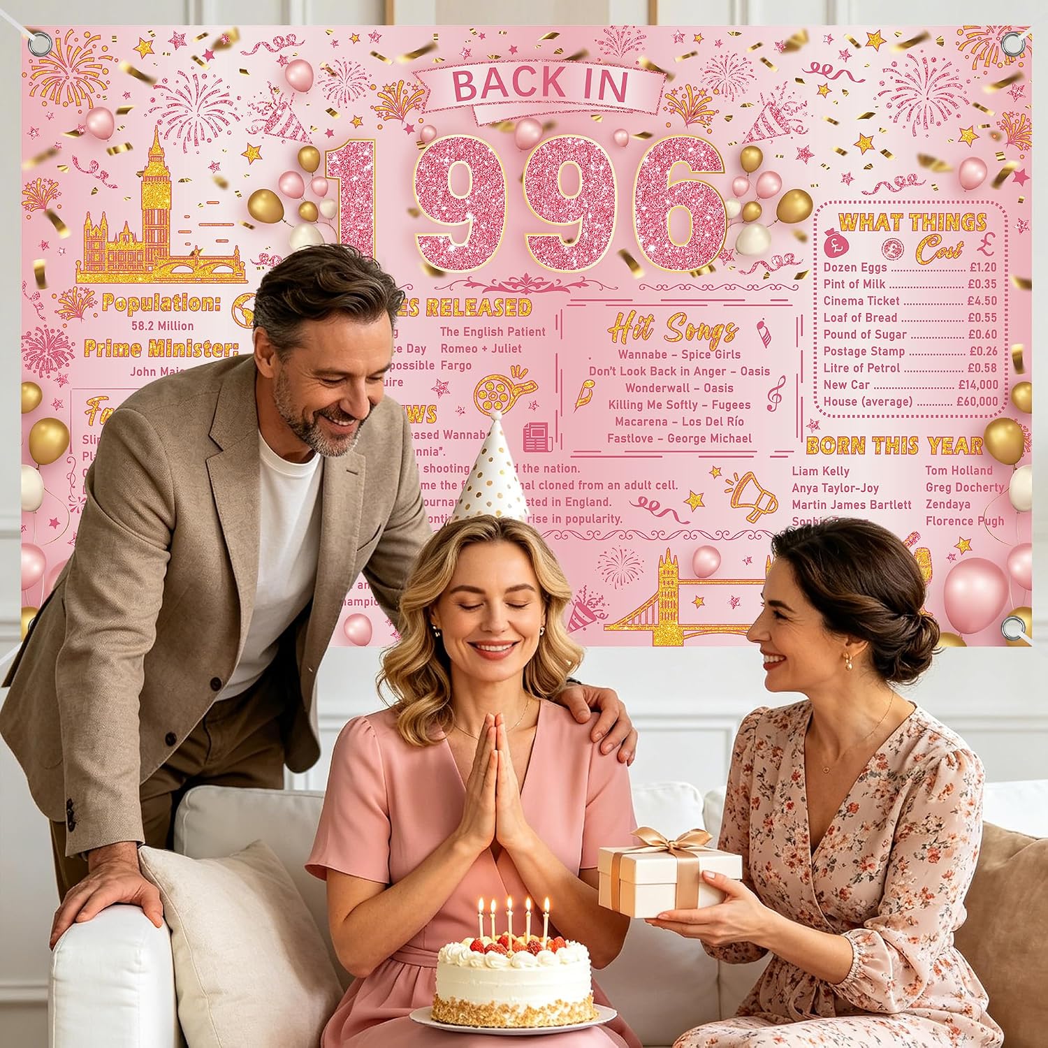 Thumbnail 5 de 30th Birthday Decorations for Women: Pink Gold Retro 1996 Backdrop Banner