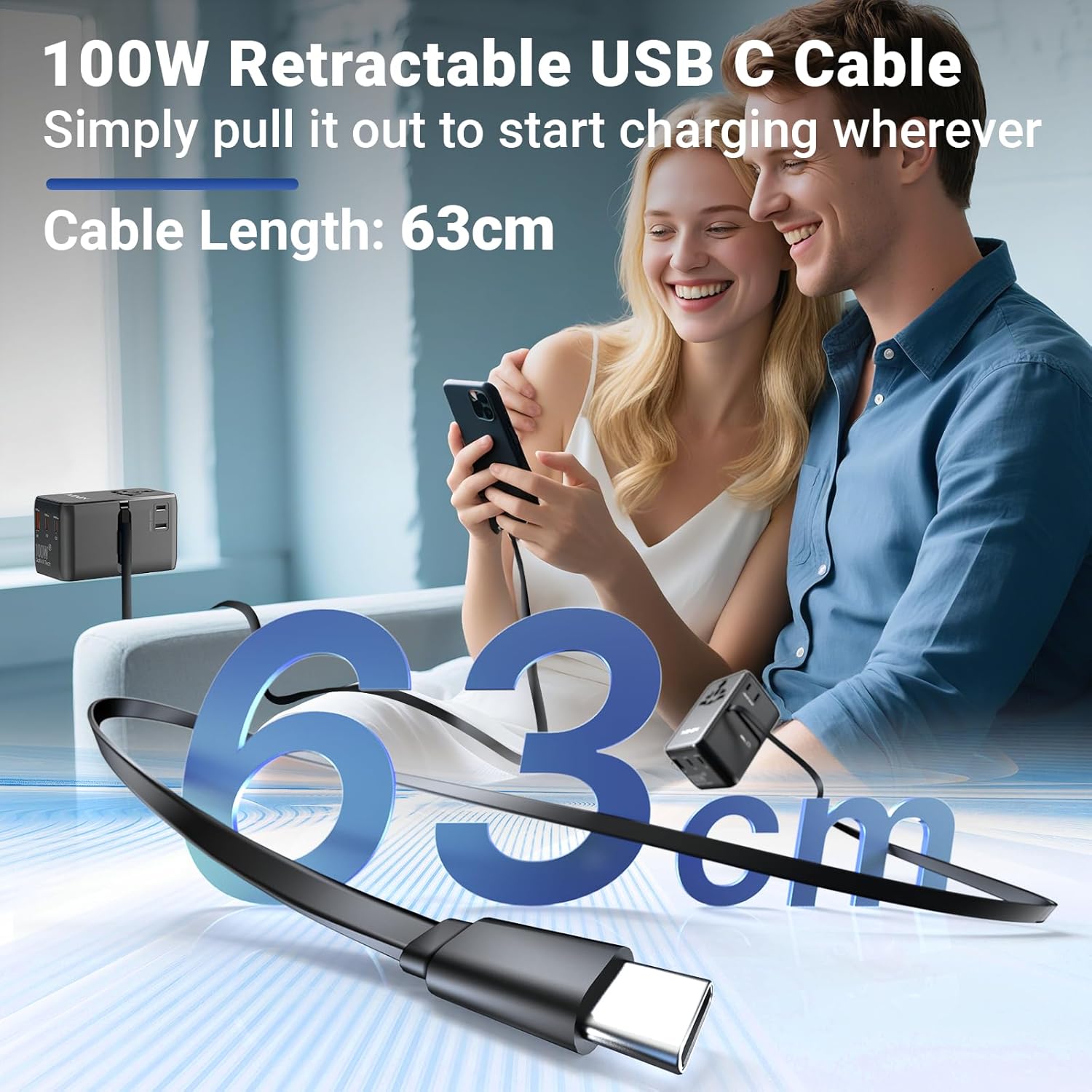 Thumbnail 2 de MINIX Universal-Reiseadapter 100 W mit ausziehbarem USB-C-Kabel – GaN III, 4 Anschlüsse