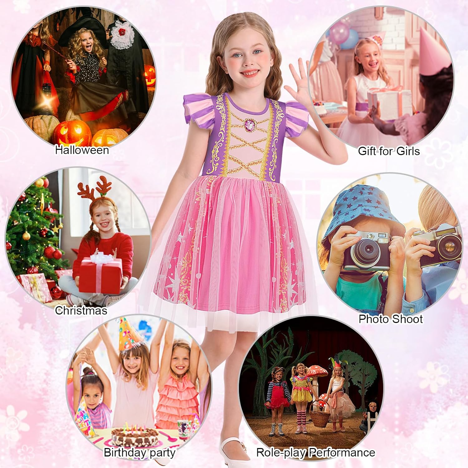 Detalle 2 de HenzWorld Princess A-line Tulle Dress for Girls with Flutter Sleeves