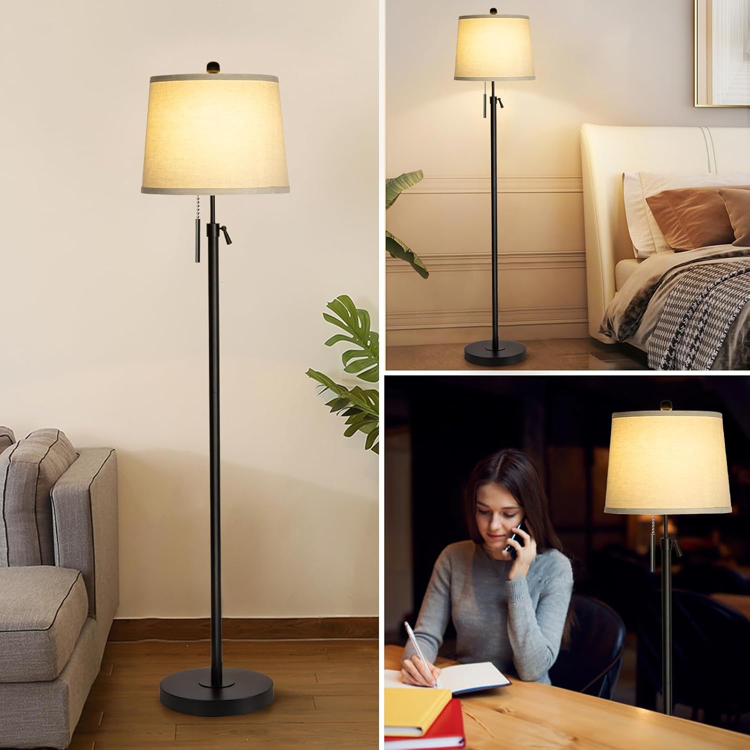 Detalle de Qingmiao Stehlampe Wohnzimmer Modern – höhenverstellbar, Stoffschirm, 3 Farbtemperaturen, E27