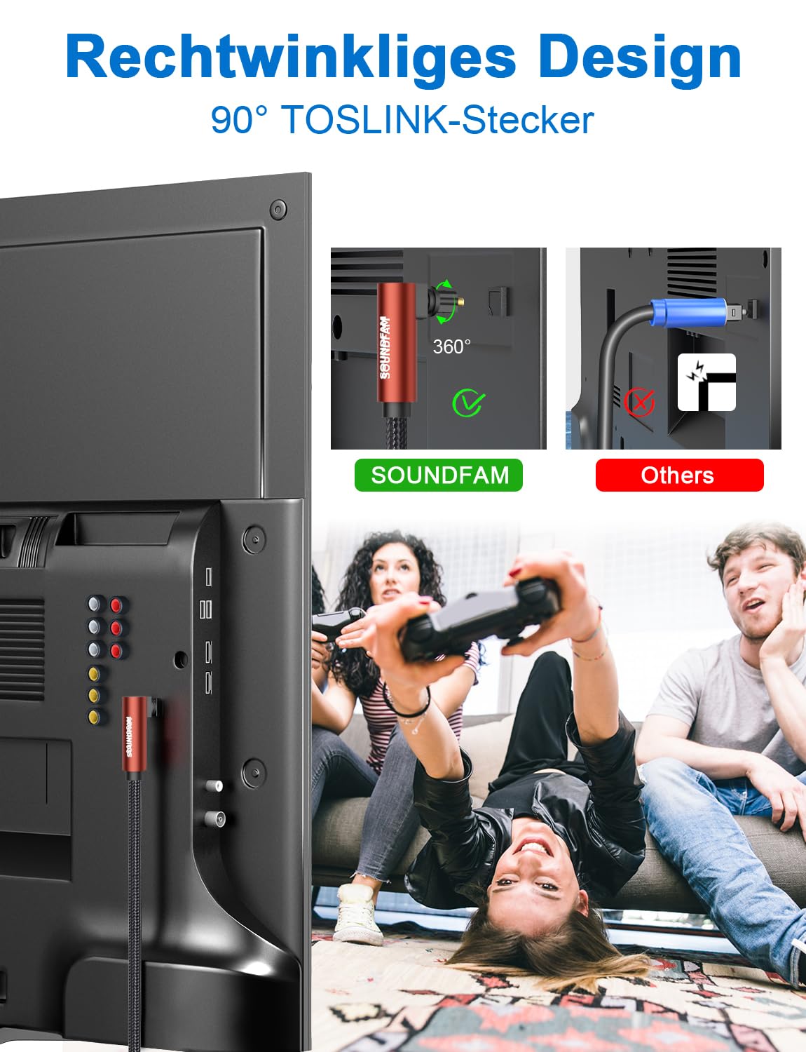 Thumbnail 1 de SOUNDFAM 90° Optisches Audiokabel 3 m (Rot) – Toslink Digital mit Winkelstecker für Soundbar & TV