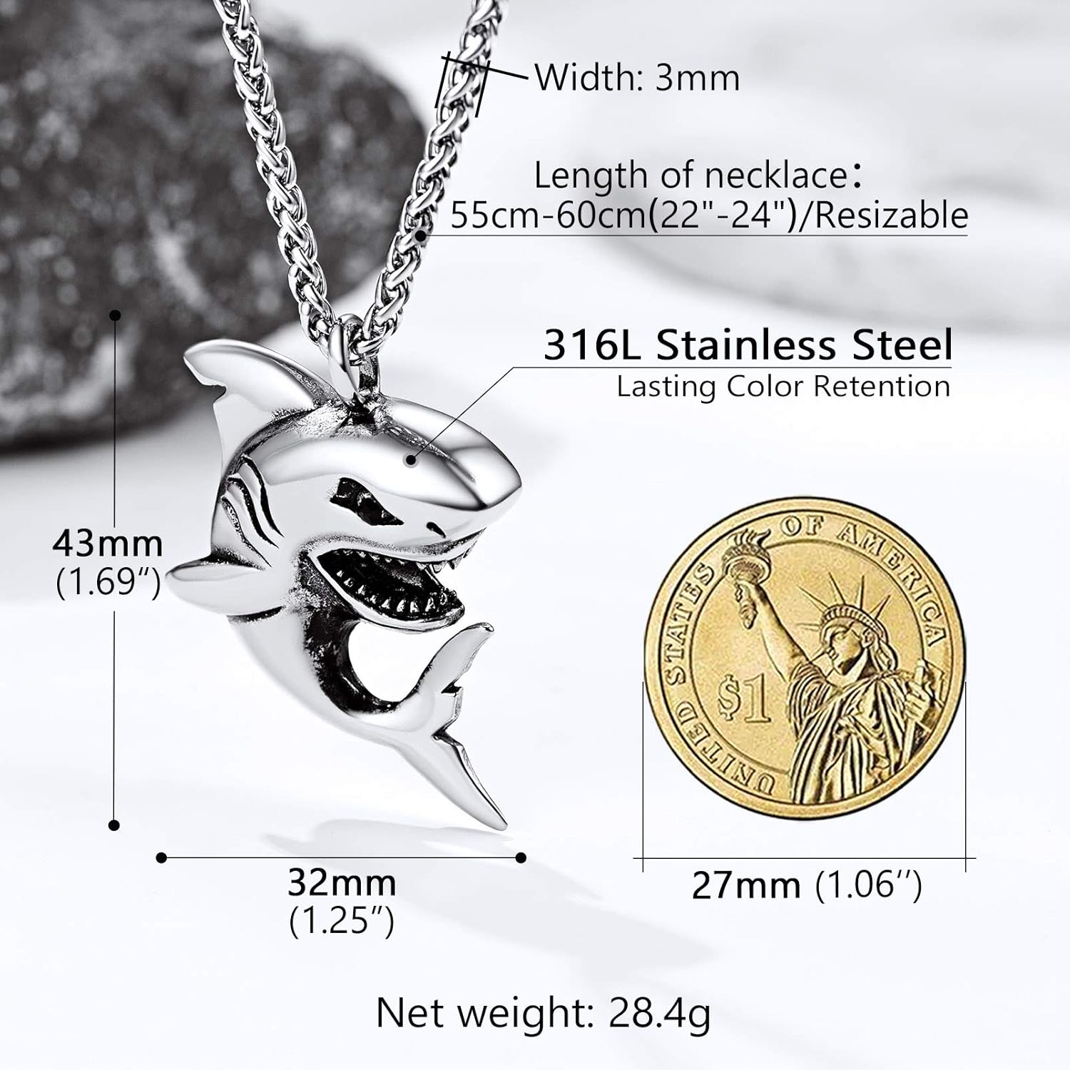 Thumbnail 5 de PROSTEEL collana da uomo in acciaio inox nero/oro placcato con ciondolo Testa di Lupo/Shark, lunghezza 55+5 cm regolabile