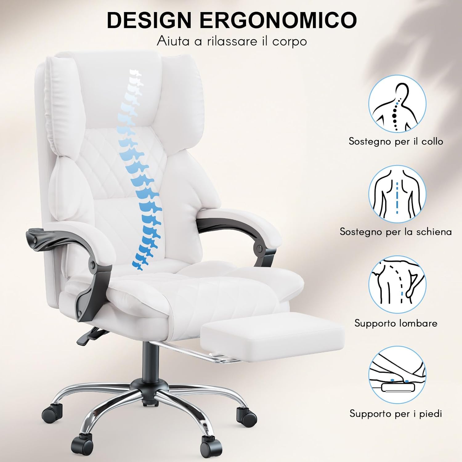 Thumbnail 3 de Sedia da Ufficio Ergonomica con Poggiapiedi e schienale alto in pelle PU di alta qualità – bianco